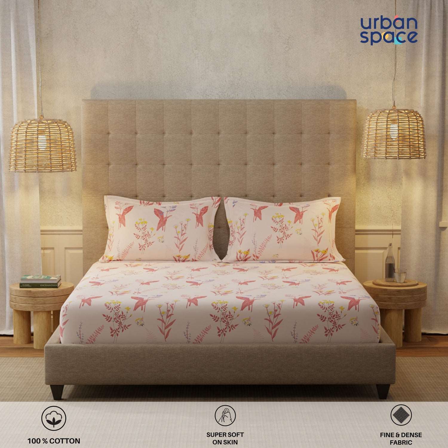 Serene 200 TC 100% Cotton Bedsheet with Pillow Covers - Whisper Peach