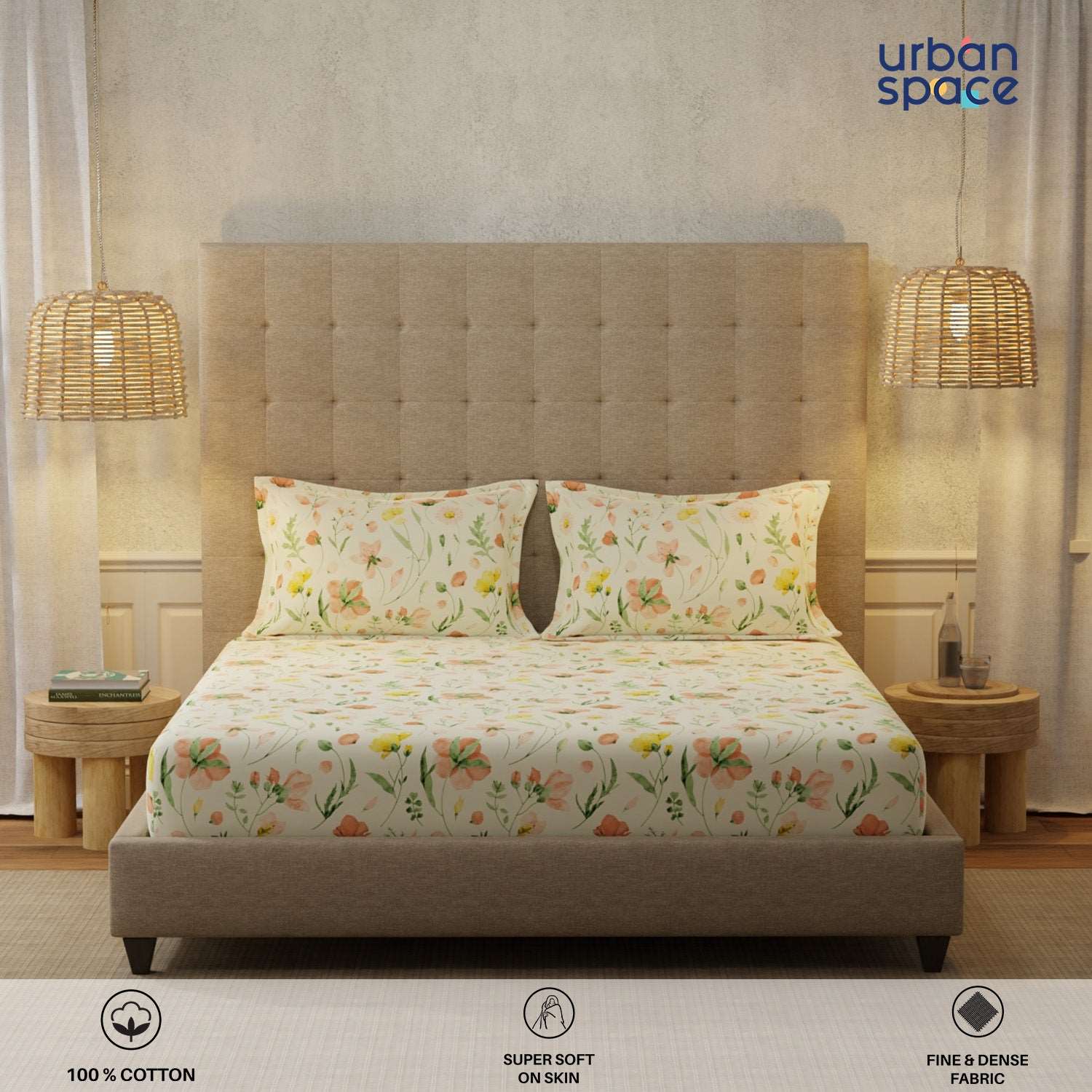 Serene 200 TC 100% Cotton Bedsheet with Pillow Covers - Meadows Buttercream