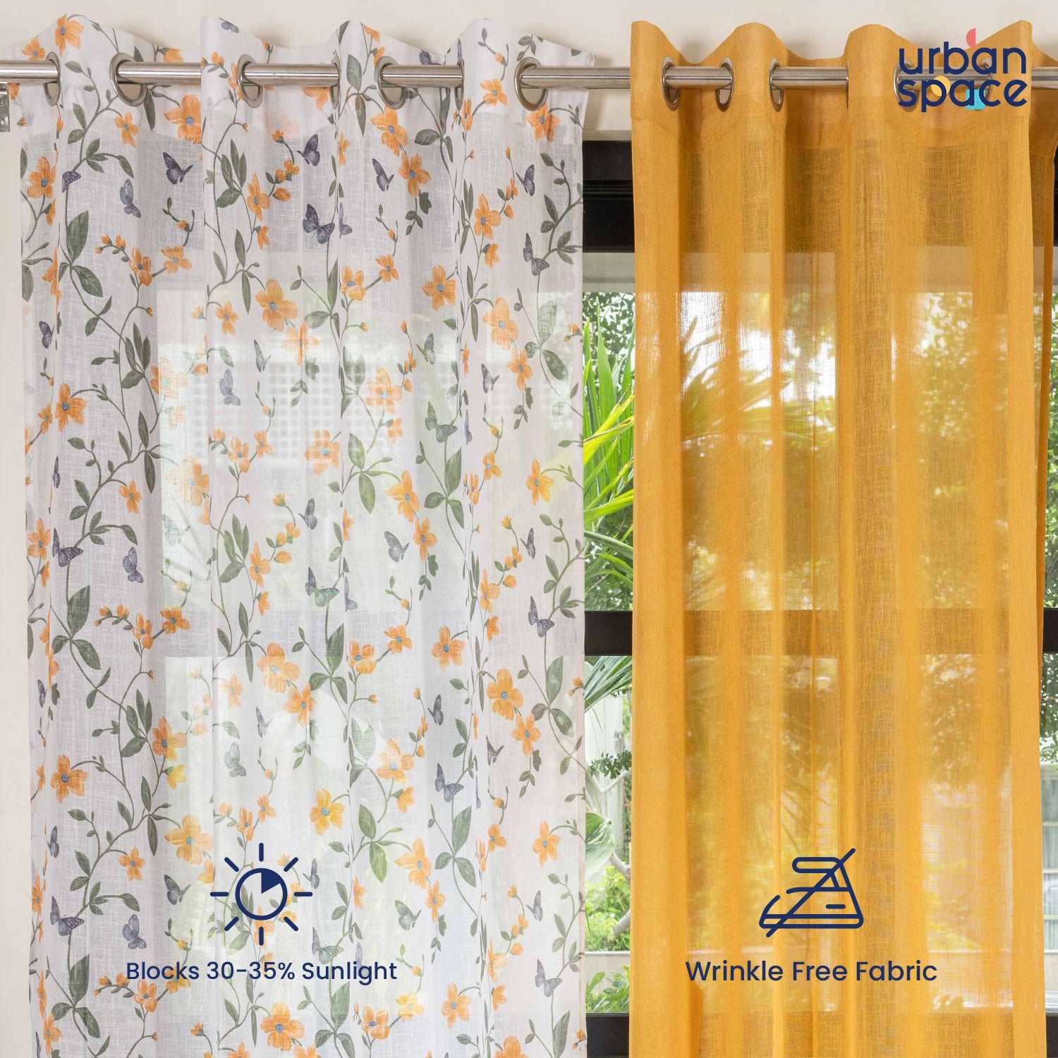 Sheer Curtains Combo, Set of 3 curtains, 35-40% Room Darkening Decorative Curtains - Floral Yellow & Yellow