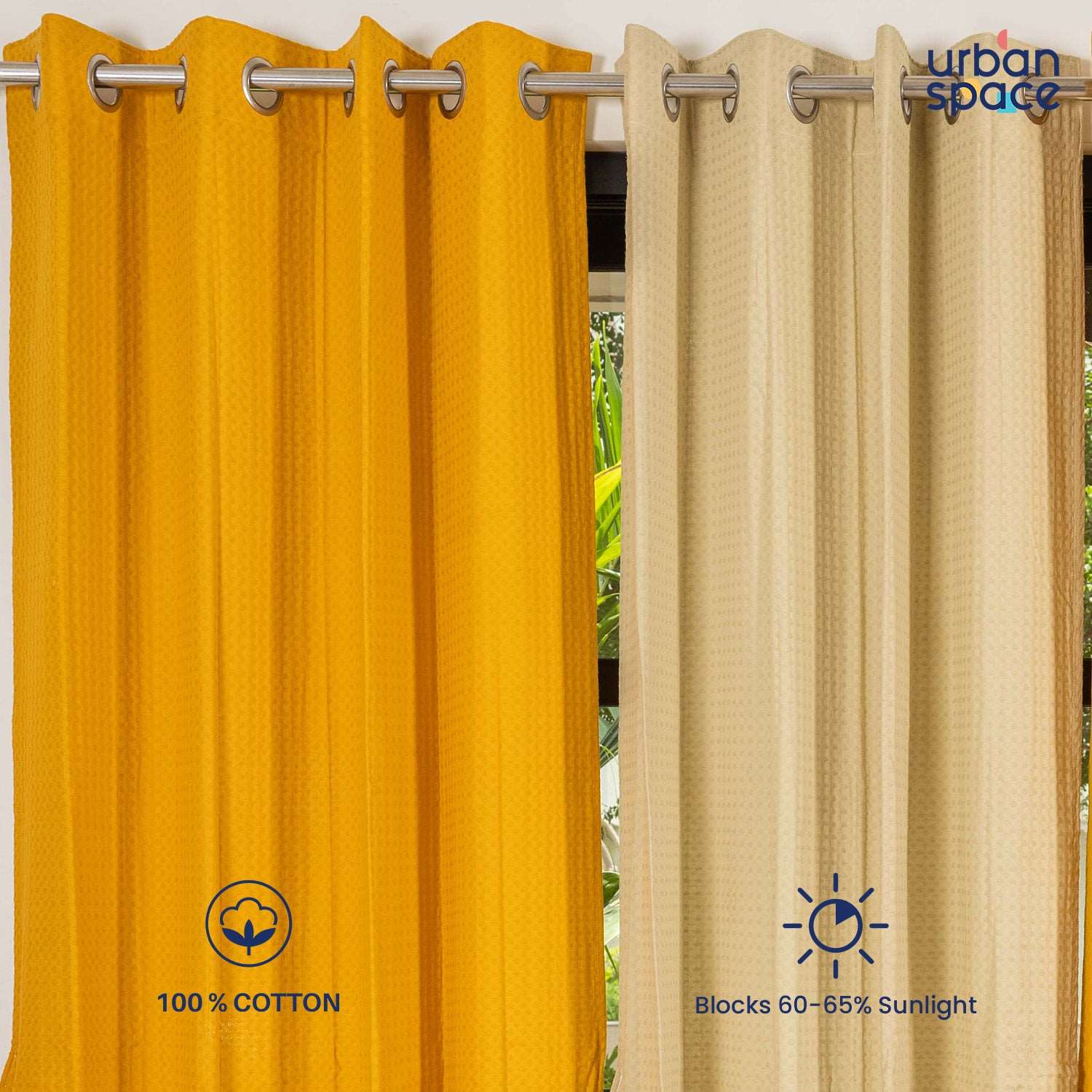 100% Cotton Waffle weave Curtains Combo, Set of 3 curtains, 60-65% Room Darkening Curtain - Mustard & Beige