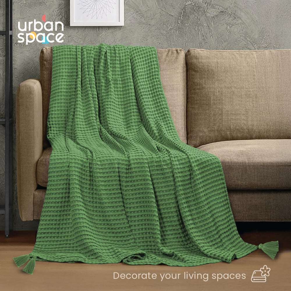 100% Cotton Waffle Throw Blanket, Soft Decorative Throw with Tassels - Sage Green