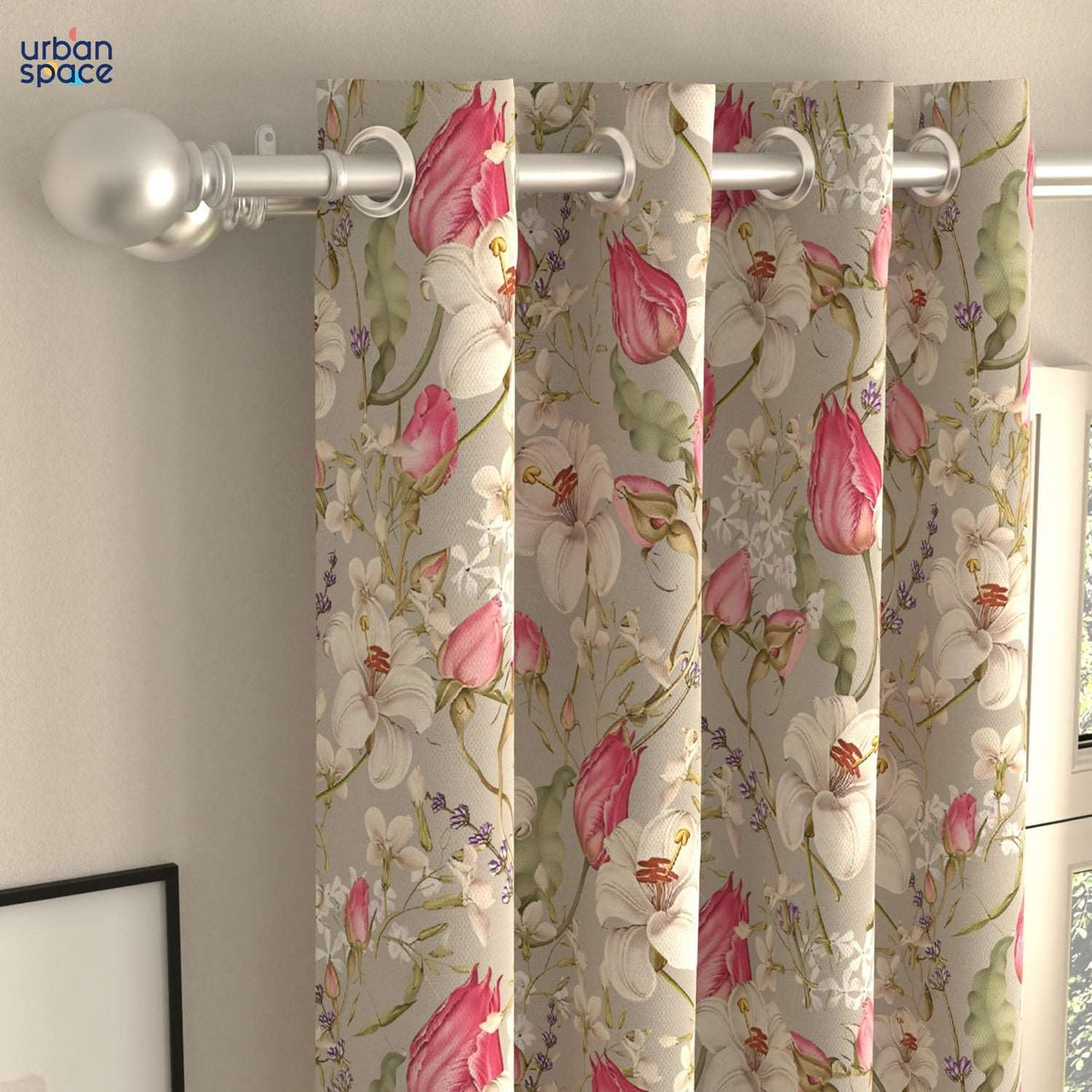 Blackout Curtains, Digital Printed Curtains, Pack of 2 Curtains - Flora Nova Grey