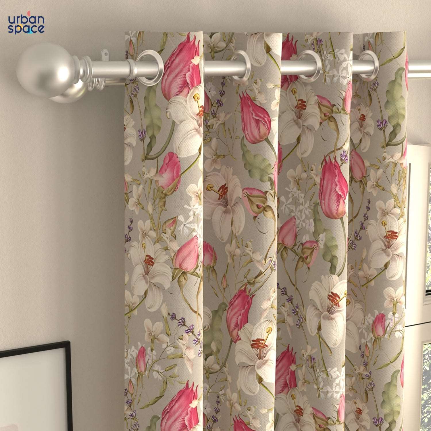 Blackout Curtains, Digital Printed Curtains, Pack of 2 Curtains - Flora Nova Grey