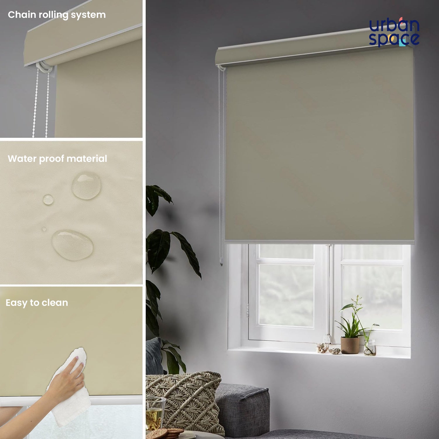 Blackout Roller Blinds - Waterproof, 90% Room Darkening, Corded Roll-Up Curtains for Home & Office - Taupe