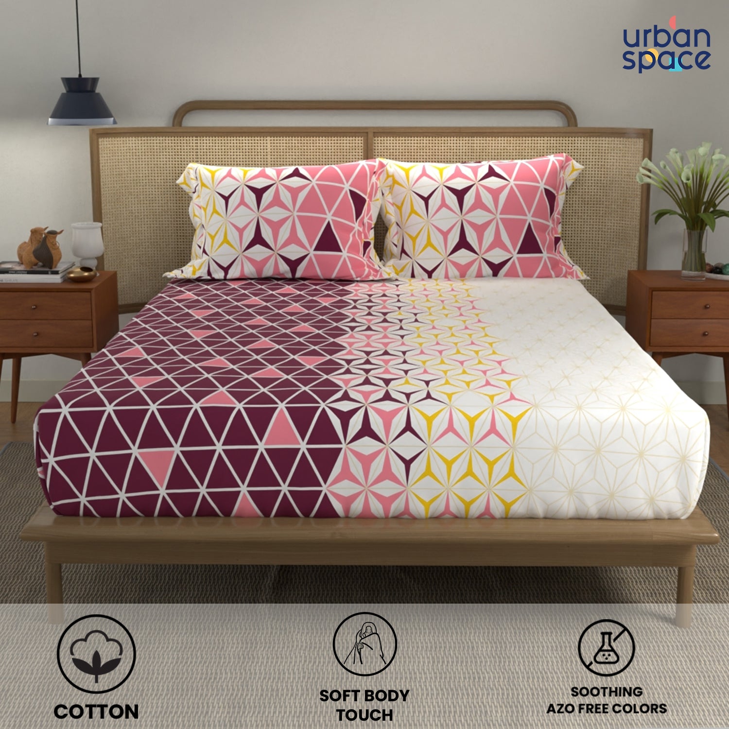 Divine Collection - Cotton Bedsheet With 2 Pillow Covers, Geometric Maroon