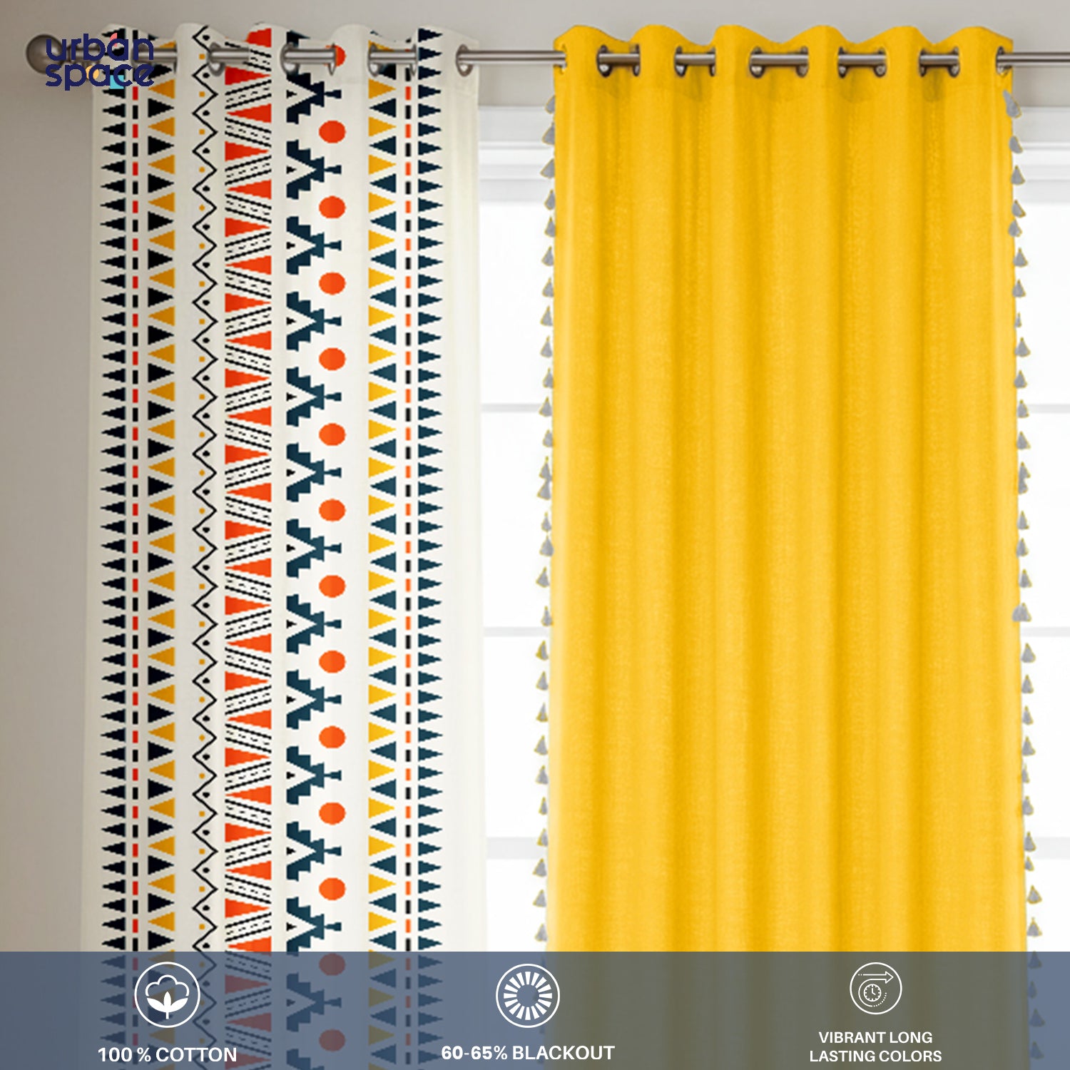 Cotton Curtains Combo, Set of 3 curtains, 60-65% Room Darkening Curtain - Ikat Orange & Aura Yellow