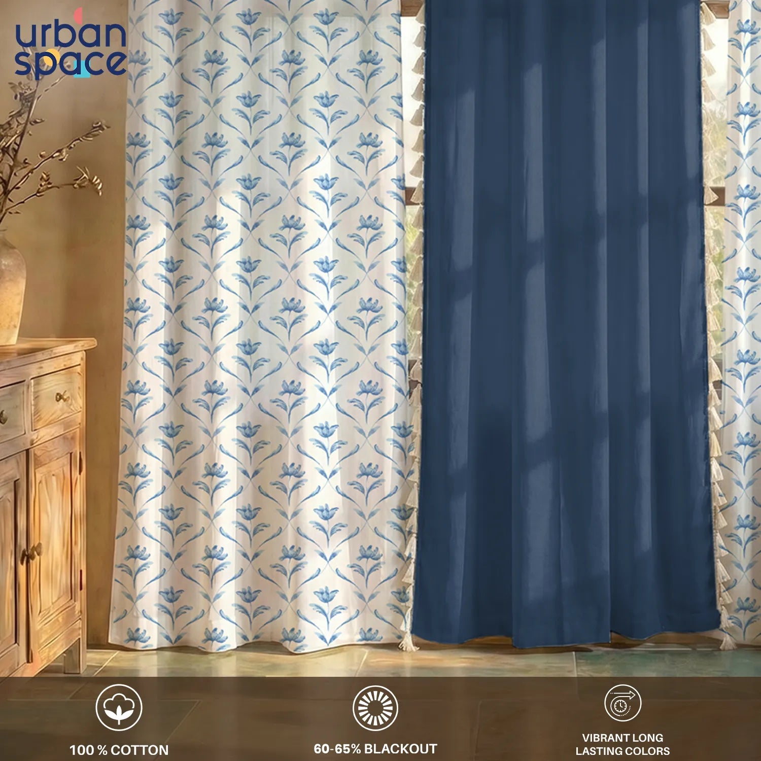 Cotton Curtains Combo, Set of 3 curtains, 60-65% Room Darkening Curtain - Water Lily - Blue & Aura Indigo