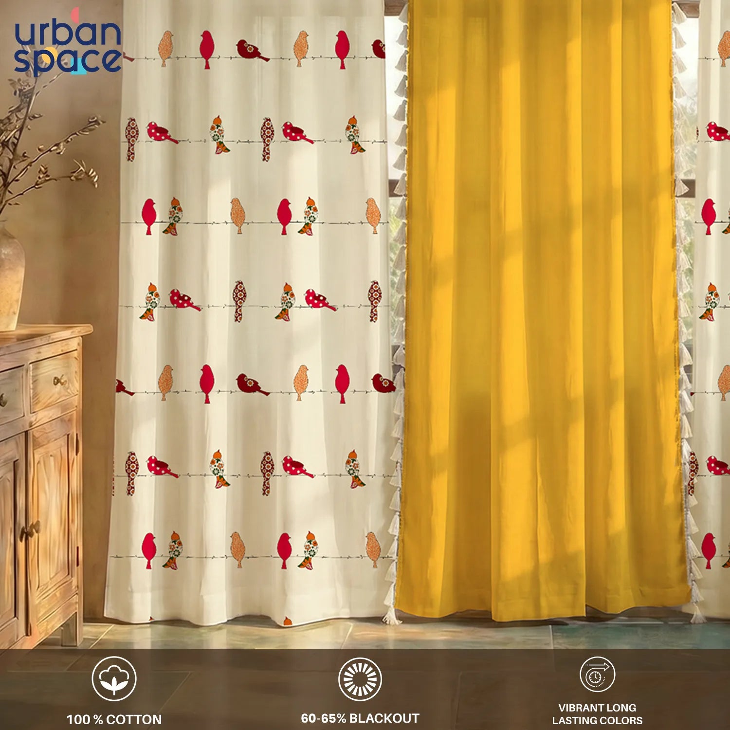 Cotton Curtains Combo, Set of 3 curtains, 60-65% Room Darkening Curtain - Humming Bird Red & Aura Yellow