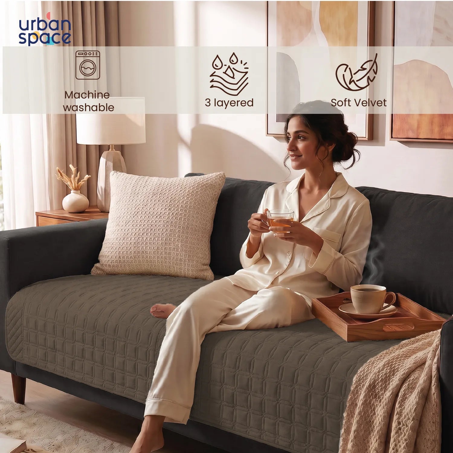 Anti Skid Quilted Velvet Sofa Mats, Box Grid - Cuboid Brown