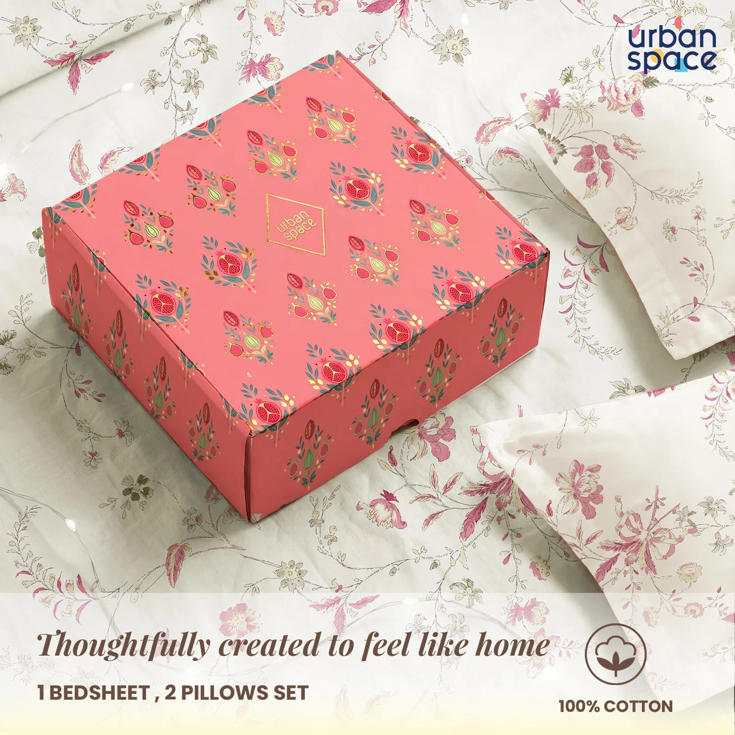 Serene 200 TC 100% Cotton Bedsheet with Pillow Covers in Giftbox - Bloom Pearls Pink