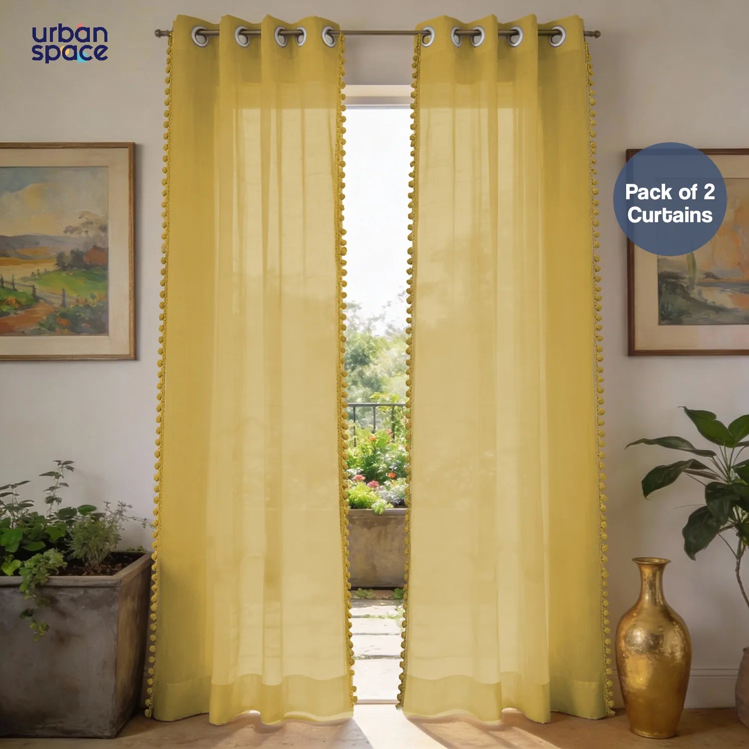 Sheer Curtain for Living Room with linen texture, Net Curtain for balcony, Pack of 2 Curtains -  Mustard with pom pom