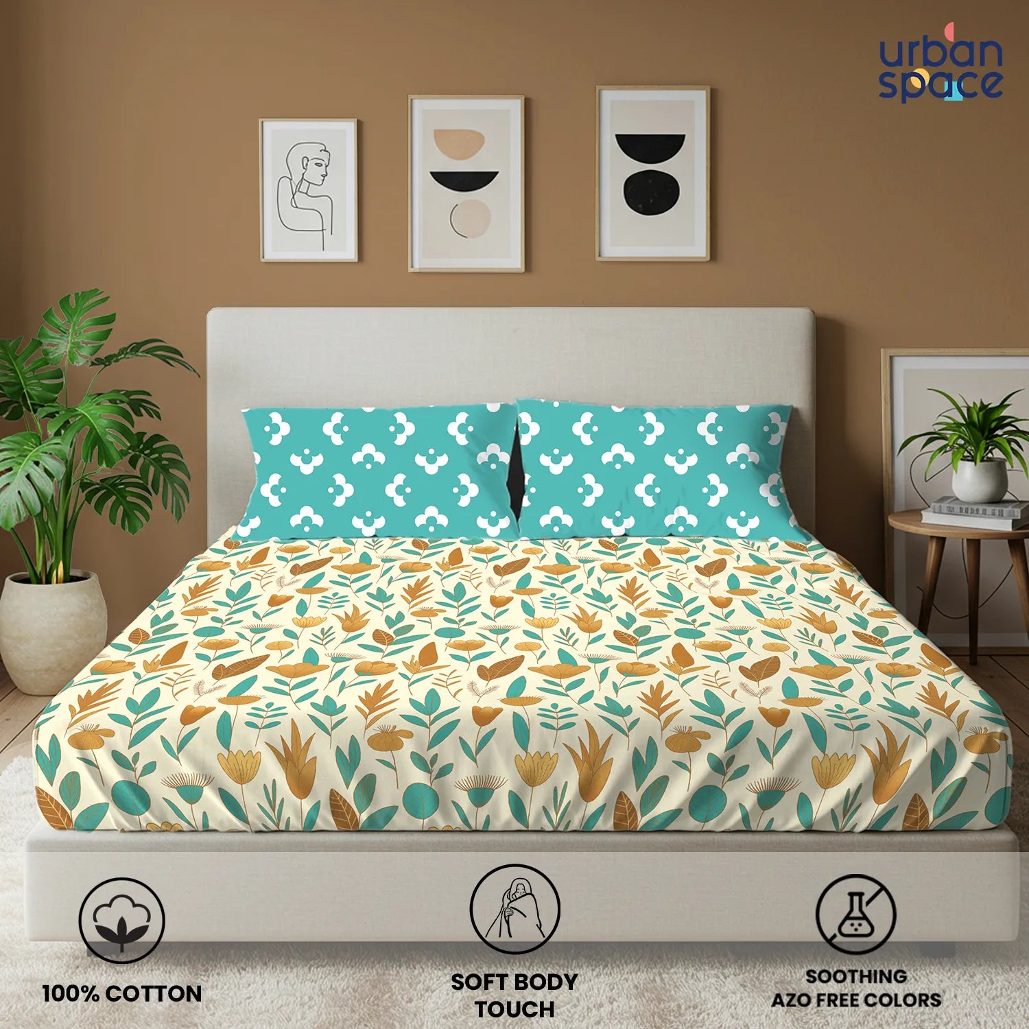 Divine Collection - Cotton Bedsheet With 2 Pillow Covers, Mist Teal Blue