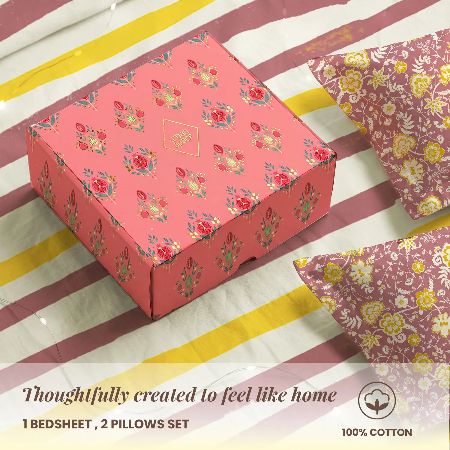 144 TC 100% Cotton Bedsheet Set in Gift Box - Streak Muddy Pink