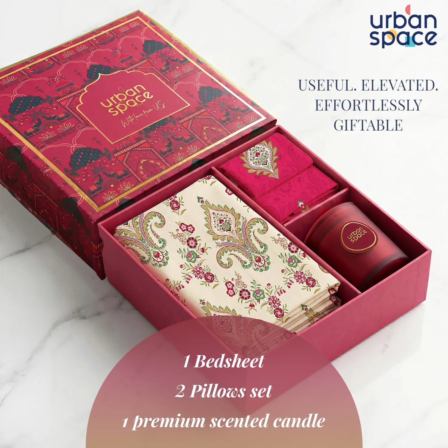 100% Cotton Bedsheet Set in a Premium Gift Box with Scented Candle - Motif Red