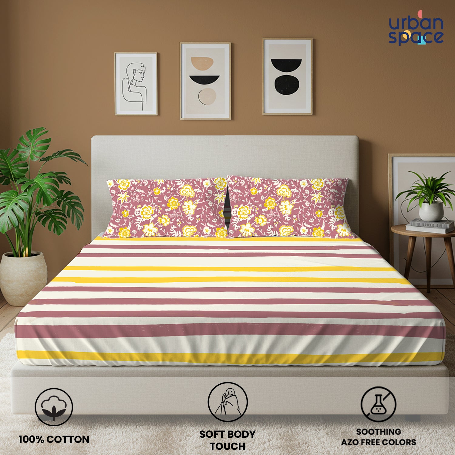 Divine Collection - Cotton Bedsheet With 2 Pillow Covers, Streak Muddy Pink