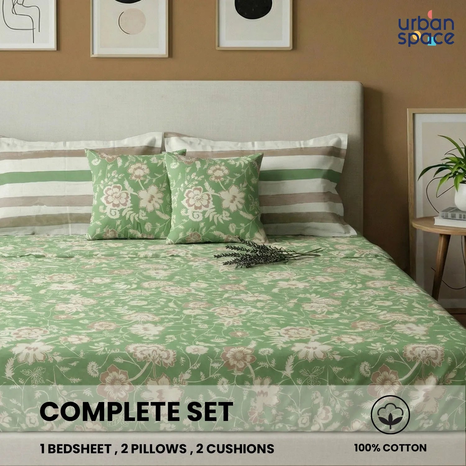 5 PC Cotton Bedsheet Set with 2 Pillow + 2 Cushion Covers - Viola Sage Green