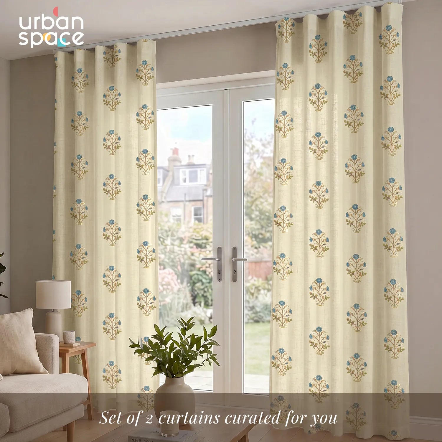 100% Cotton Curtains for Living Room, Bedroom curtains with Track Channel - Pack of 2 curtains, Zari Mohar Blue Gold