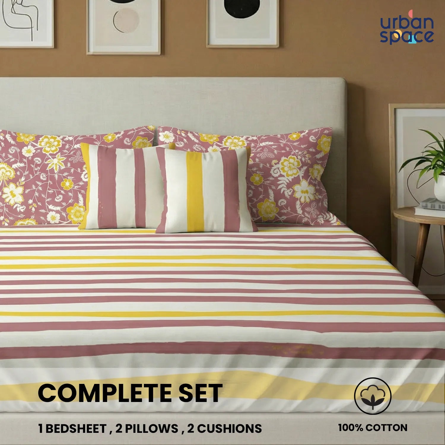 5 PC Cotton Bedsheet Set with 2 Pillow + 2 Cushion Covers - Streak Muddy Pink