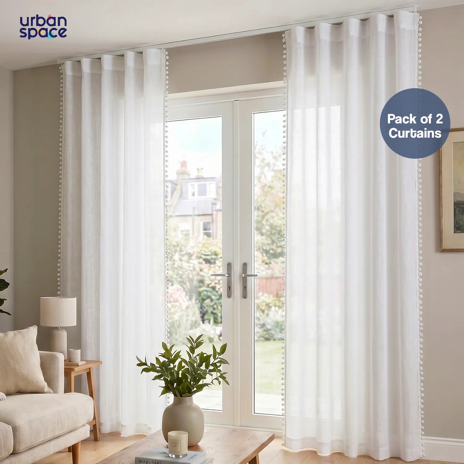 Sheer Curtain for Living Room with linen texture & Track Channel, Net Curtain for balcony, Pack of 2 Curtains -  White with pom pom