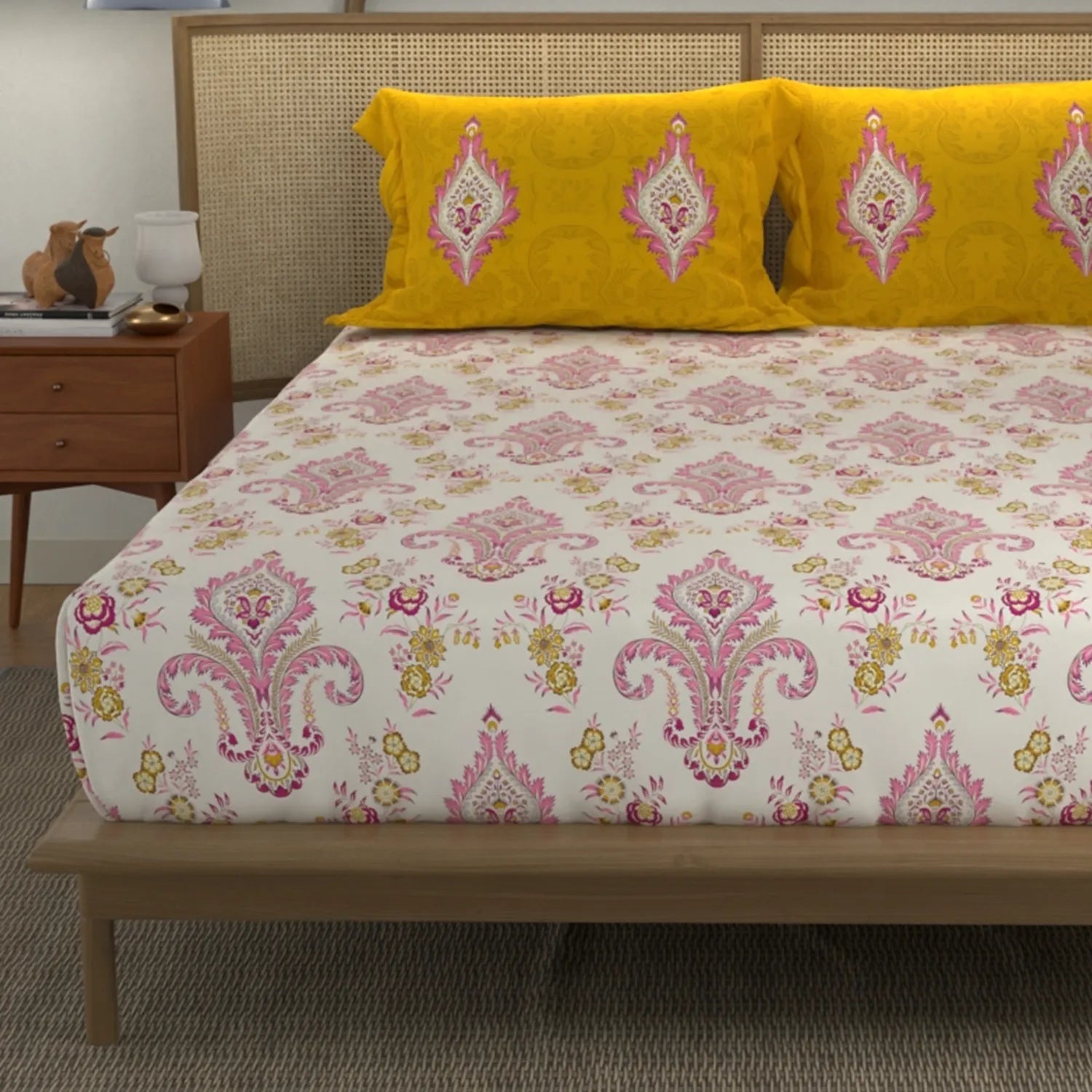 Divine Collection - Cotton Bedsheet With 2 Pillow Covers, Motif Mustard