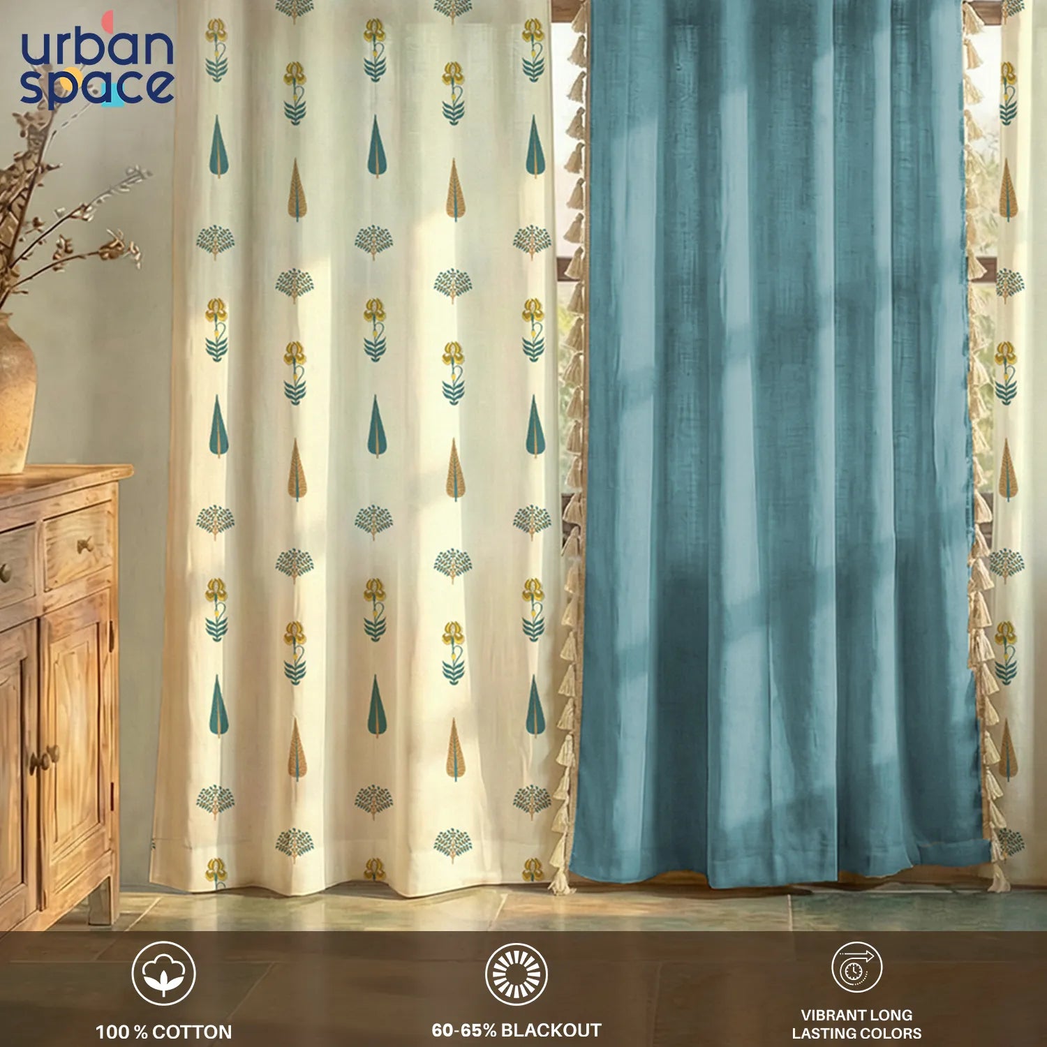Cotton Curtains Combo, Set of 3 curtains, 60-65% Room Darkening Curtain - Orchard & Aura Dusty Blue