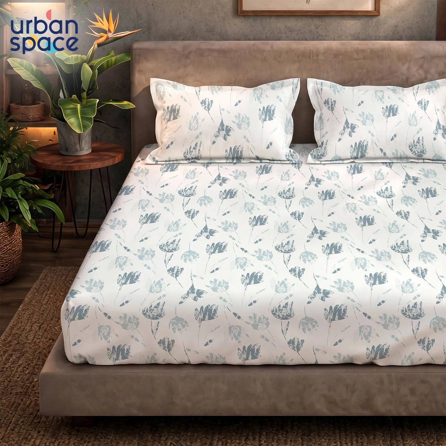 Serene 200 TC 100% Cotton Bedsheet with Pillow Covers - Frosted Tulips Dusty Teal