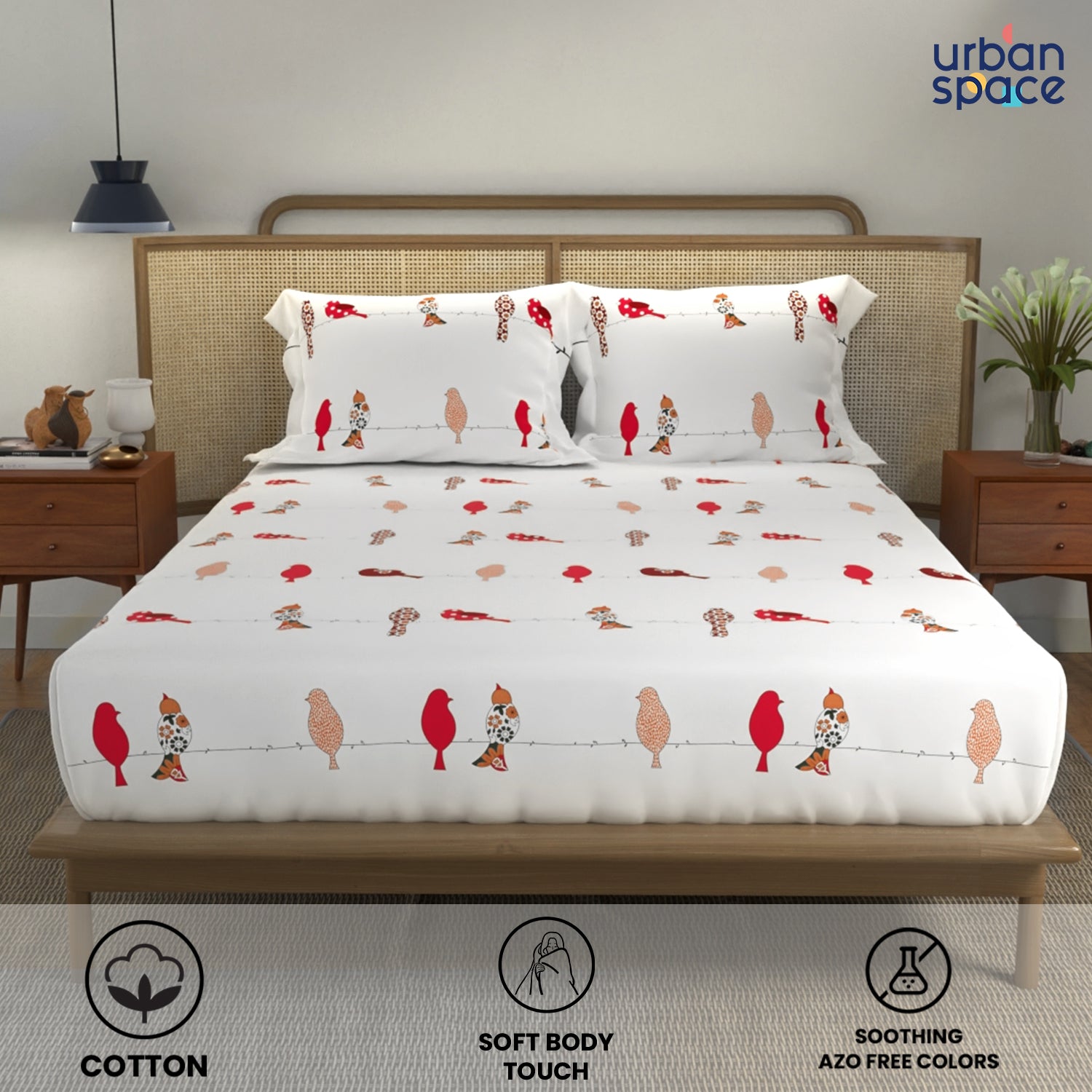 Divine Collection - 144 TC 100%  Cotton Bedsheet with 2 Pillow Covers - Humming Bird Red