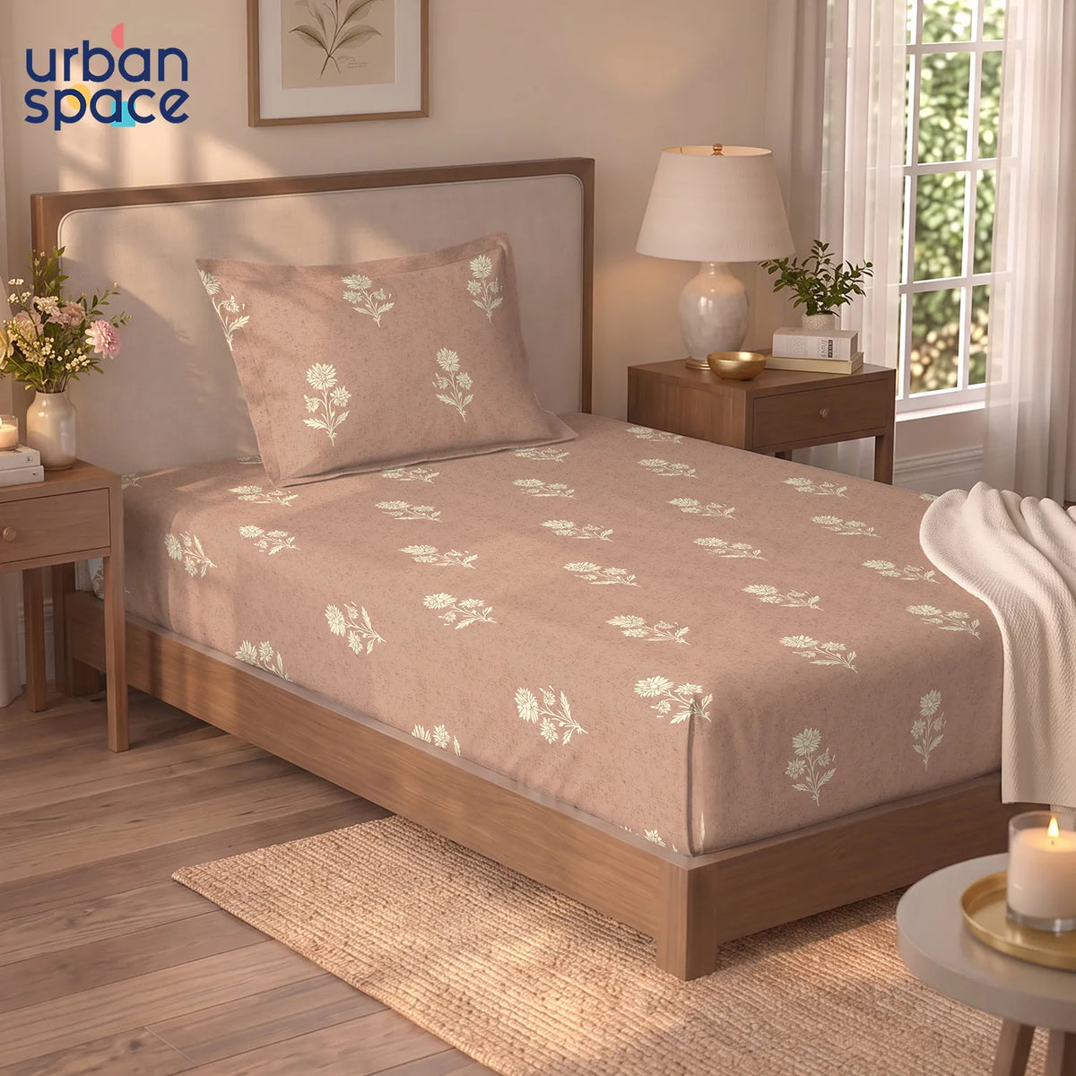 Serene 300 TC 100% Cotton Single Bedsheet with Pillow Covers - Summer Holiday Brown