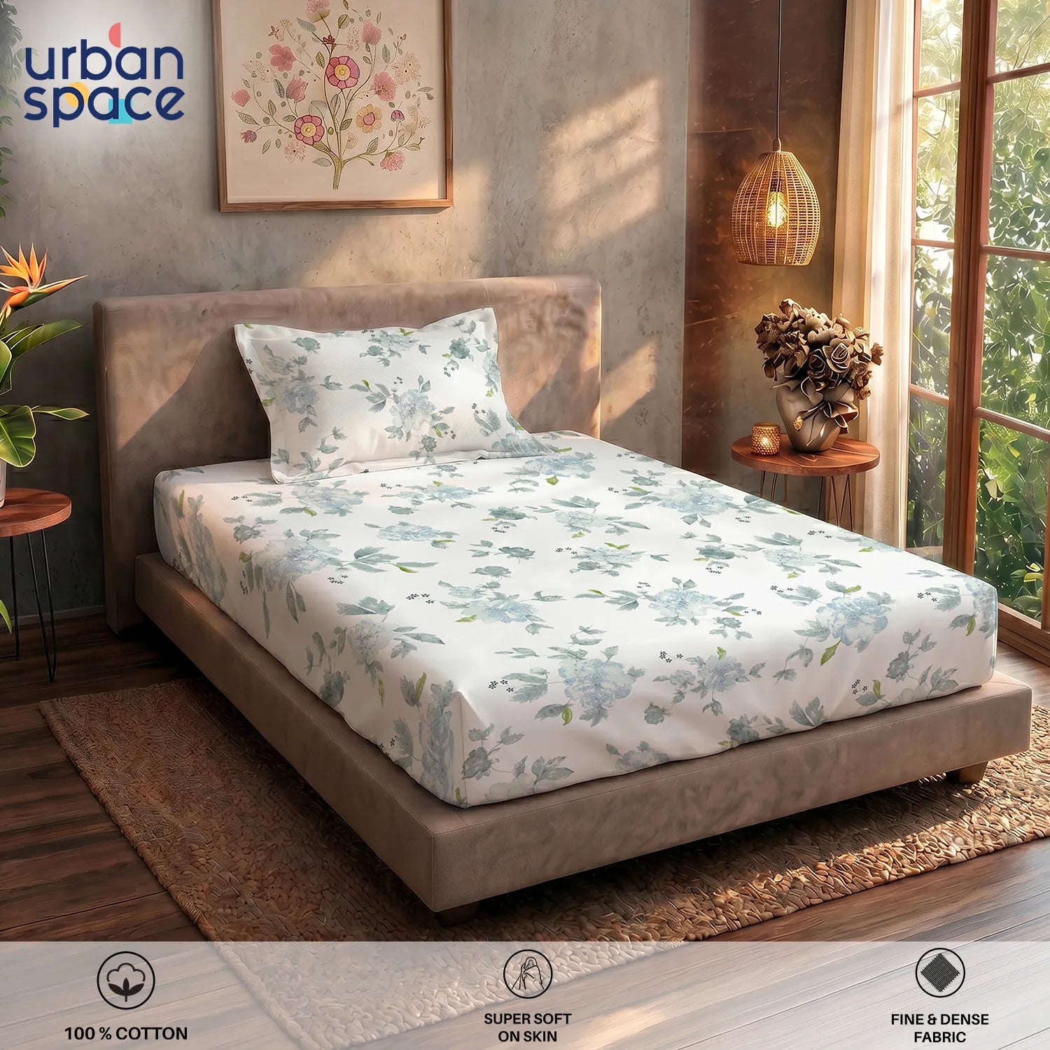 Serene 200 TC 100% Cotton Single Bedsheet with Pillow Covers - Sapphire Dusty Blue