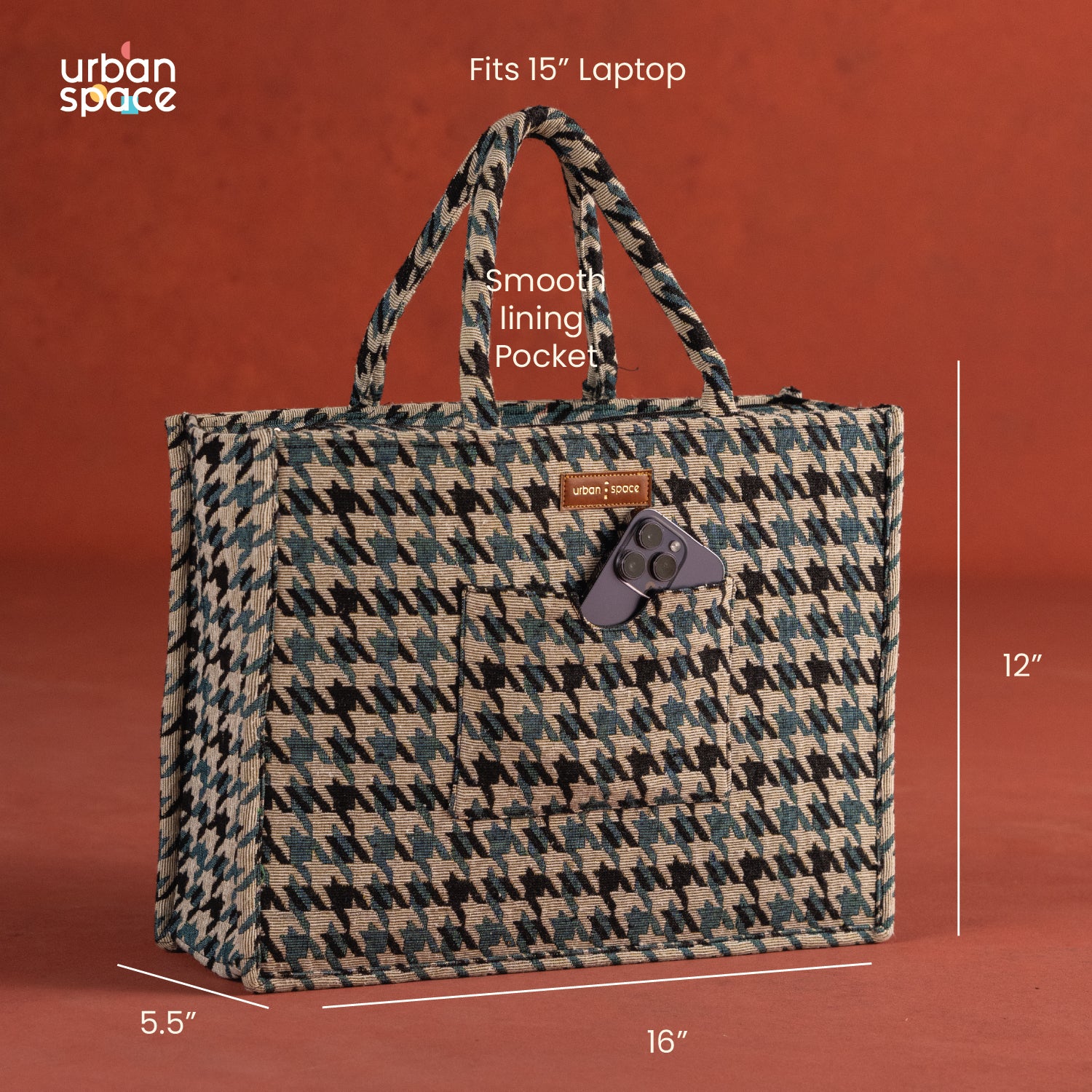 The Trove - Natural Canvas Multipurpose Office Bag for Women, Houndstooth Green-Black