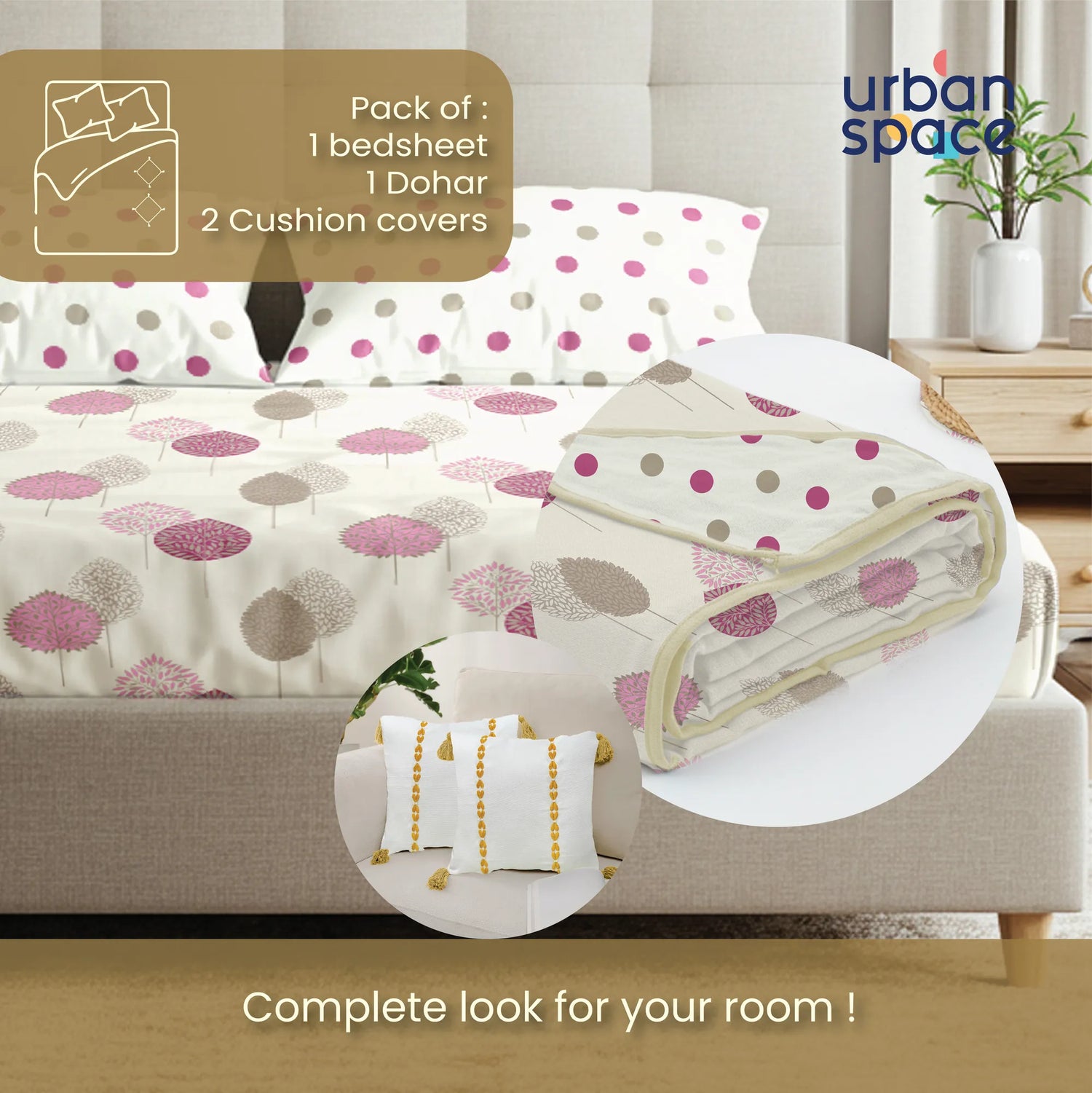 6 Pc Cotton Bedding Set in Gift Box, Drops Pink