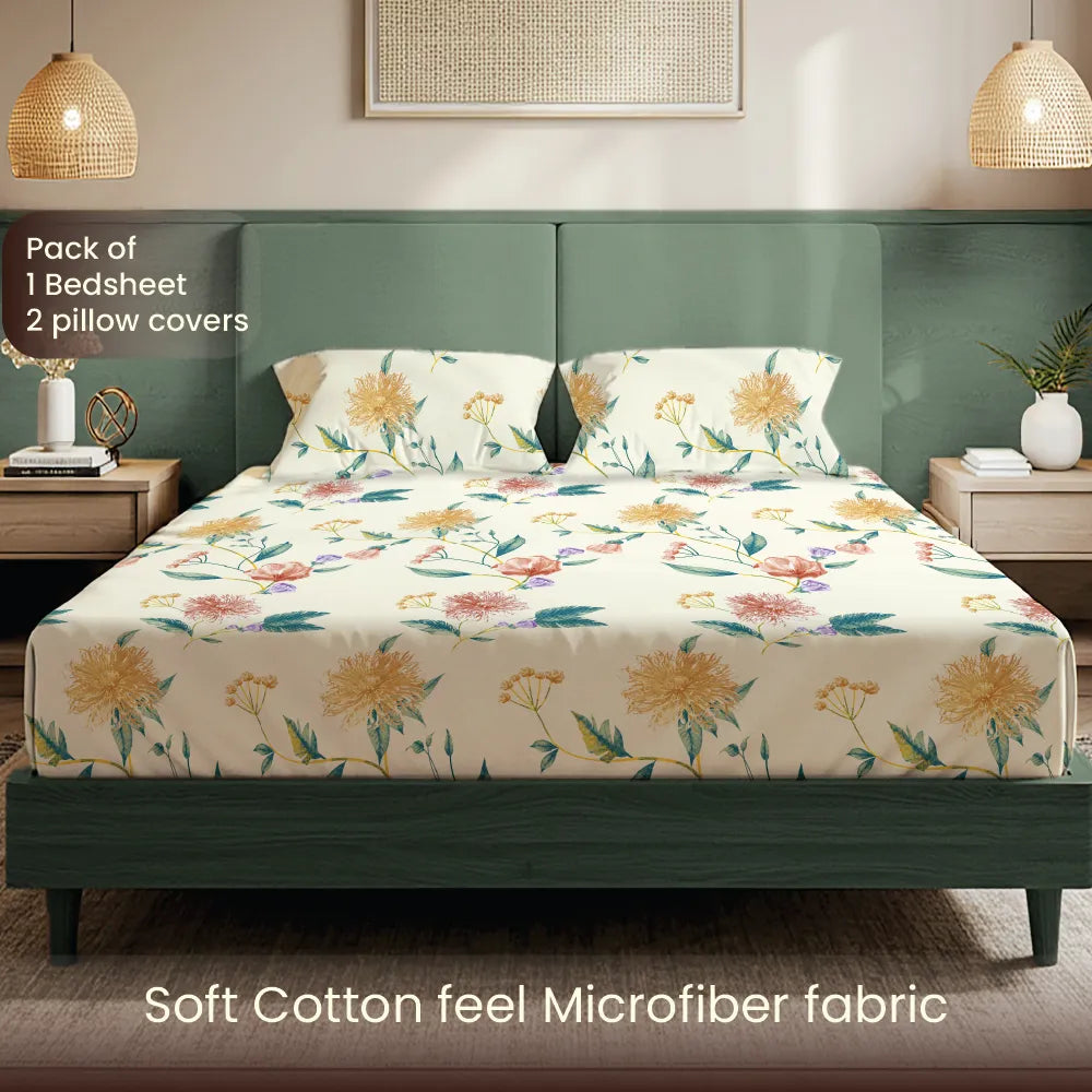 200 TC Glaced Cotton Microfiber Bedsheet with Pillow Covers - Petal Pop