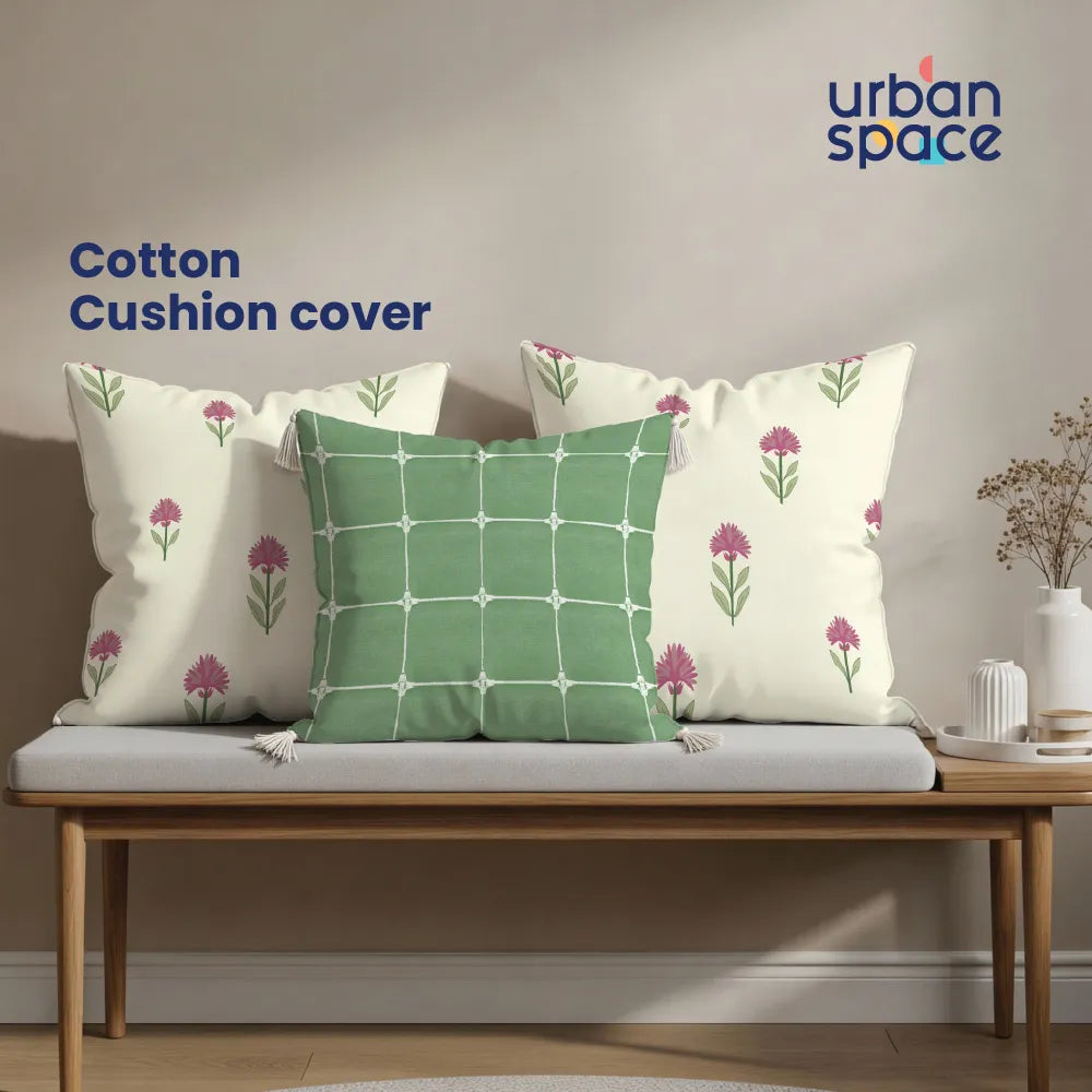 Cotton Cushion Covers, Throw Pillow for Couch - Aster Pink & Aura Checks Green with White Tassels