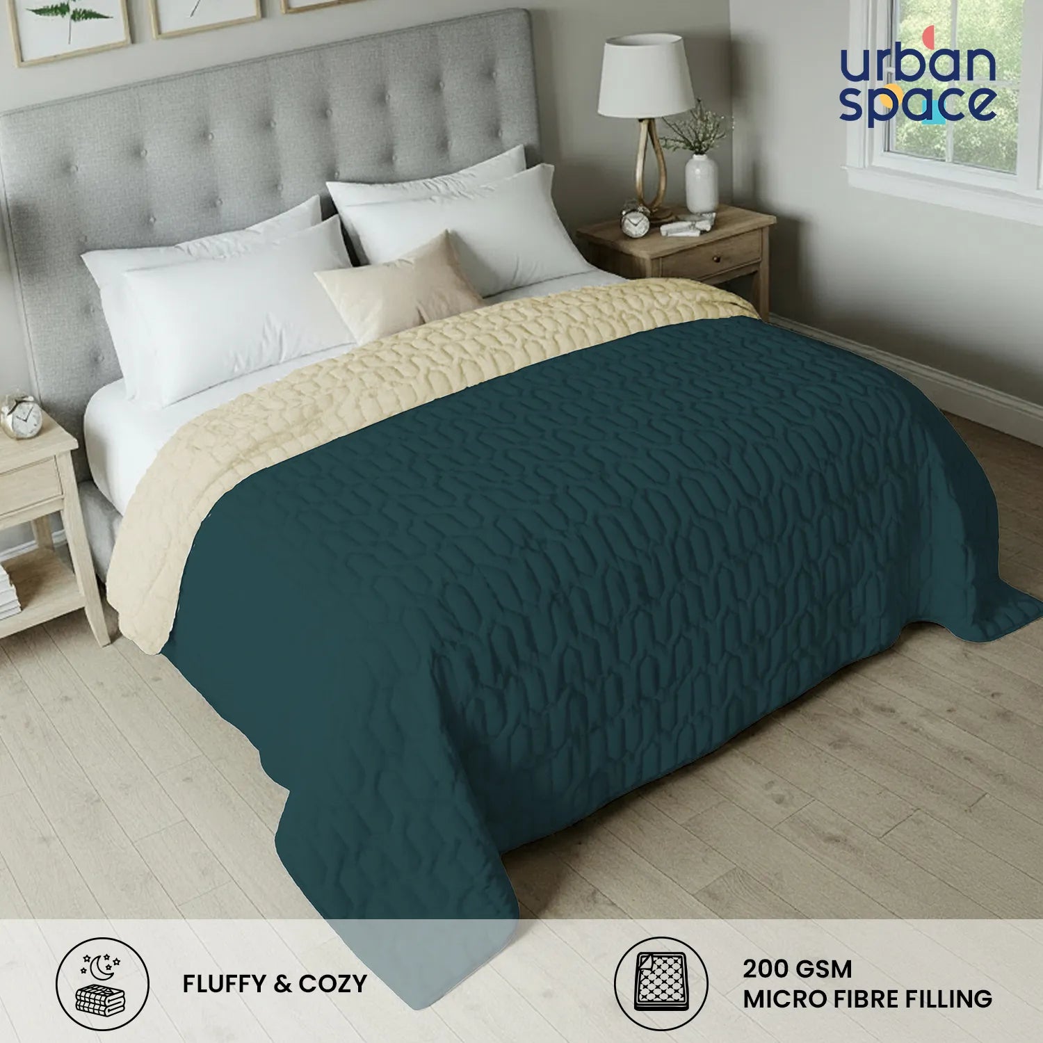 Fluffy & Heavy 200 GSM Microfiber Reversible Quilted Winter Comforters - Teal & Beige