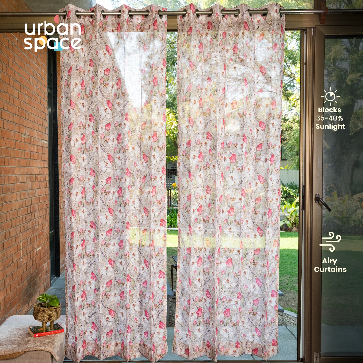 Sheer Curtains, Linen Textured & Digital Printed, Pack of 2 - Flora Nova Grey