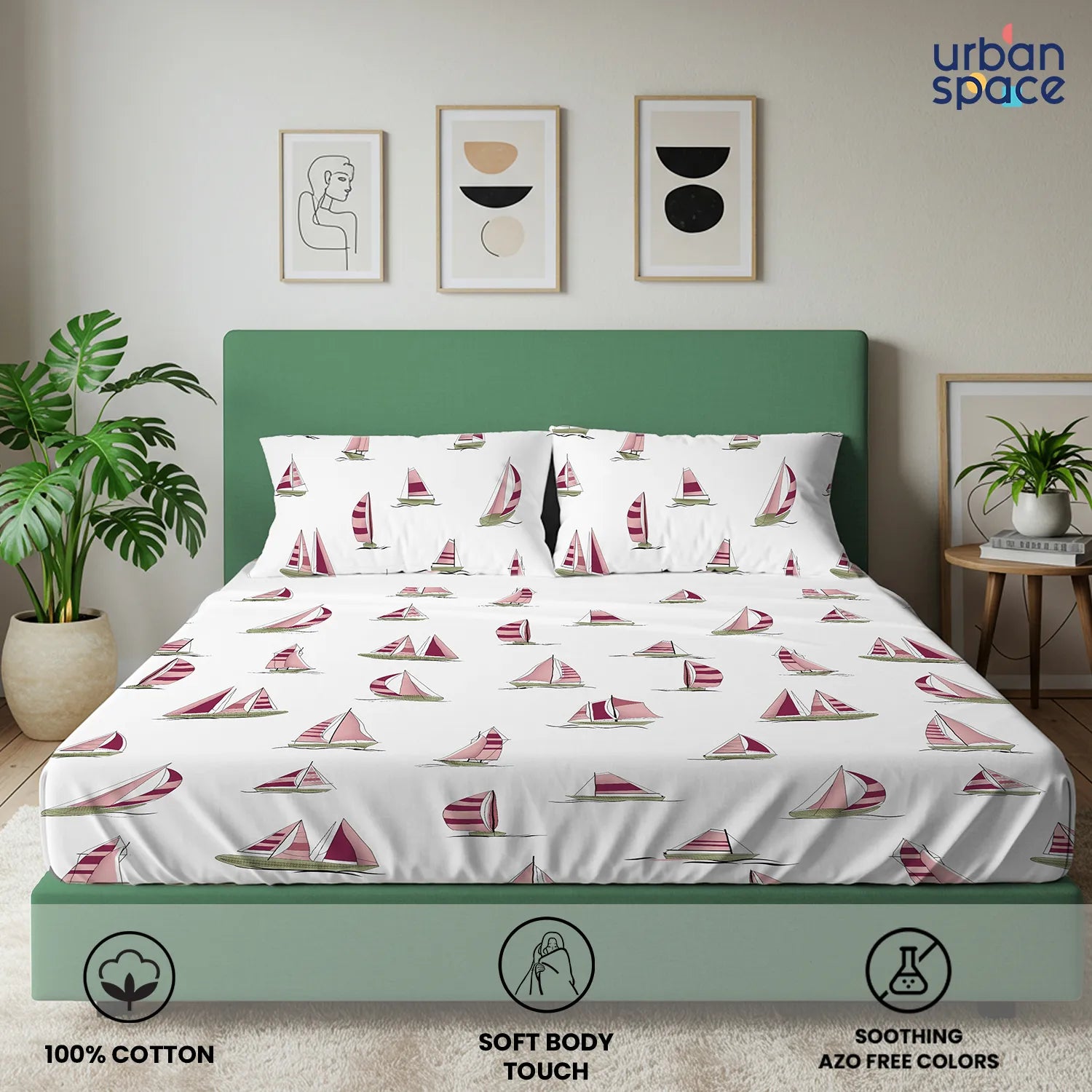 Divine Collection - Cotton Bedsheet With 2 Pillow Covers, Ocean Boats Maroon