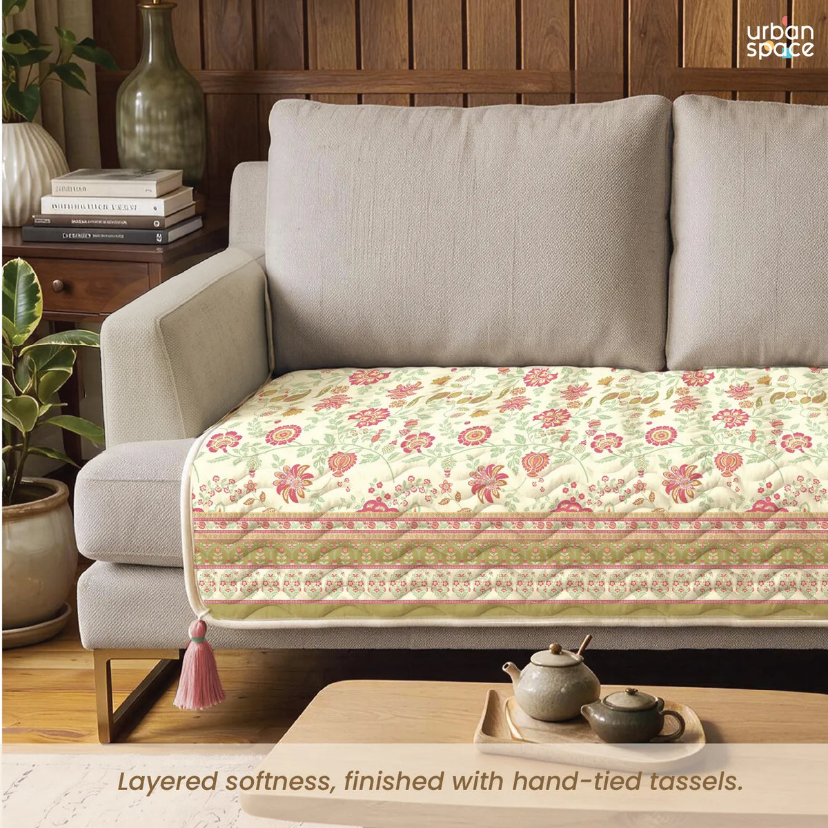 Anti Skid Quilted & Printed Velvet Sofa Mats with Tassels - Gulbagh