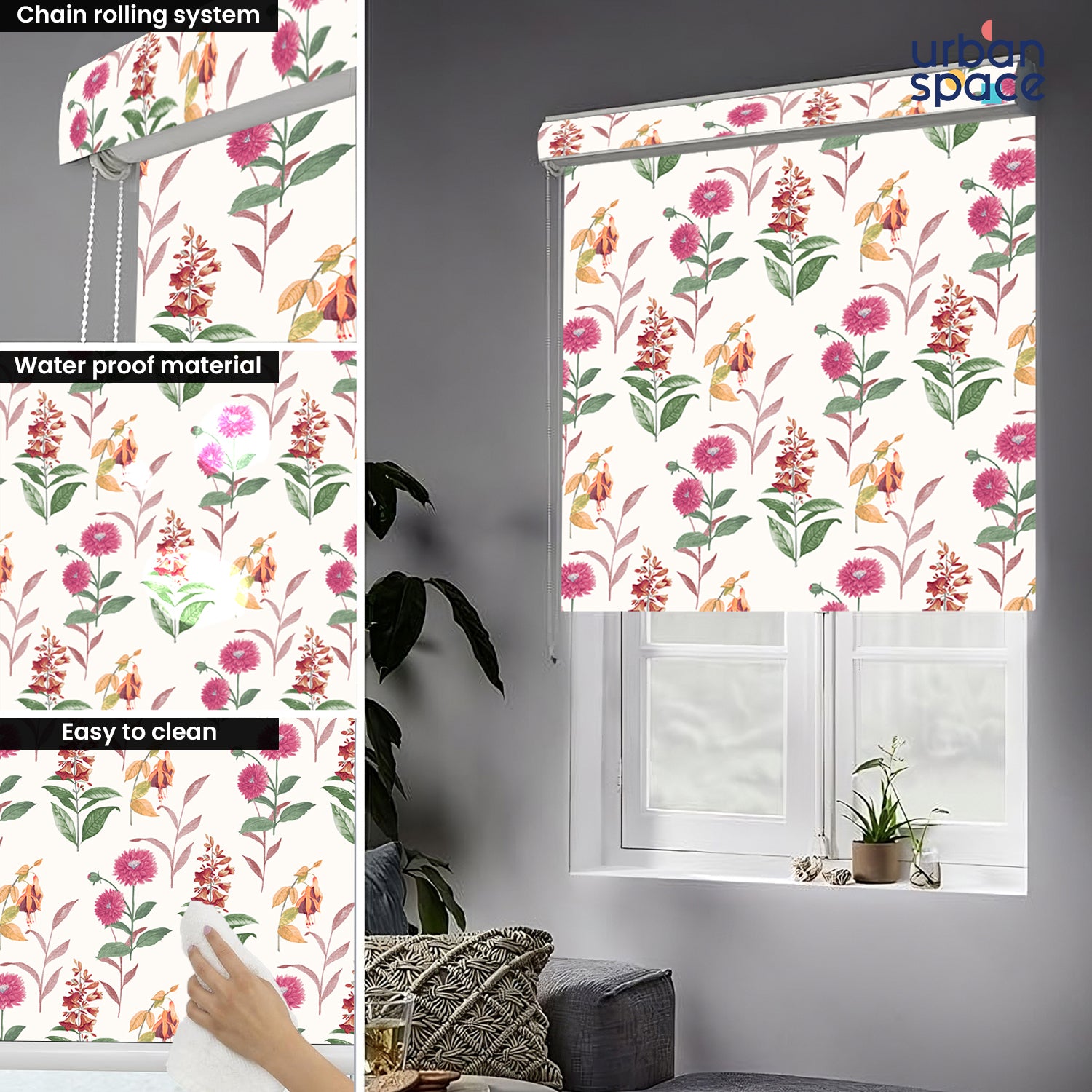 Printed Blackout Roller Blinds - Waterproof, 90% Room Darkening, Corded Roll-Up Curtains for Home & Office - Coneflower Pink
