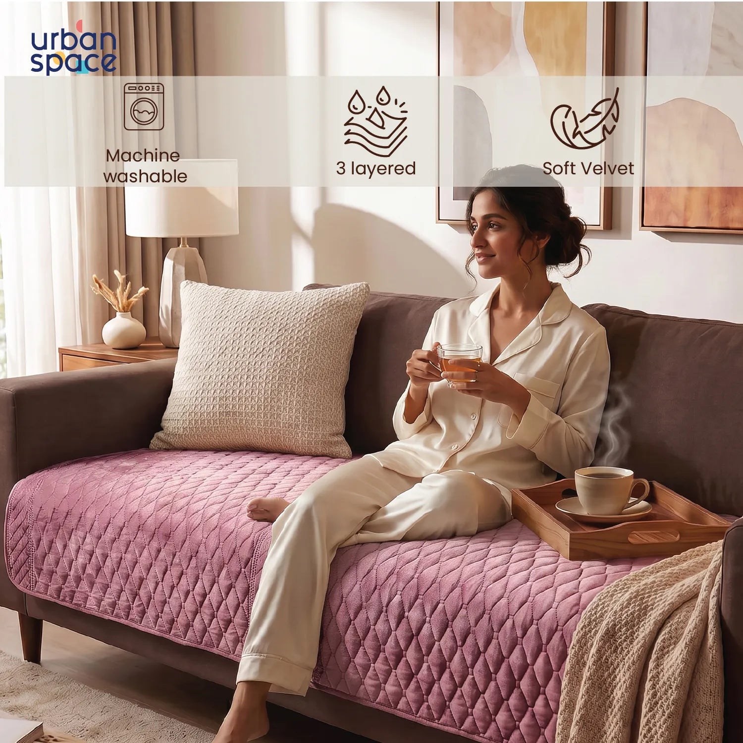 Anti Skid Quilted Velvet Sofa Mats, Box Grid - Honeycomb Pink