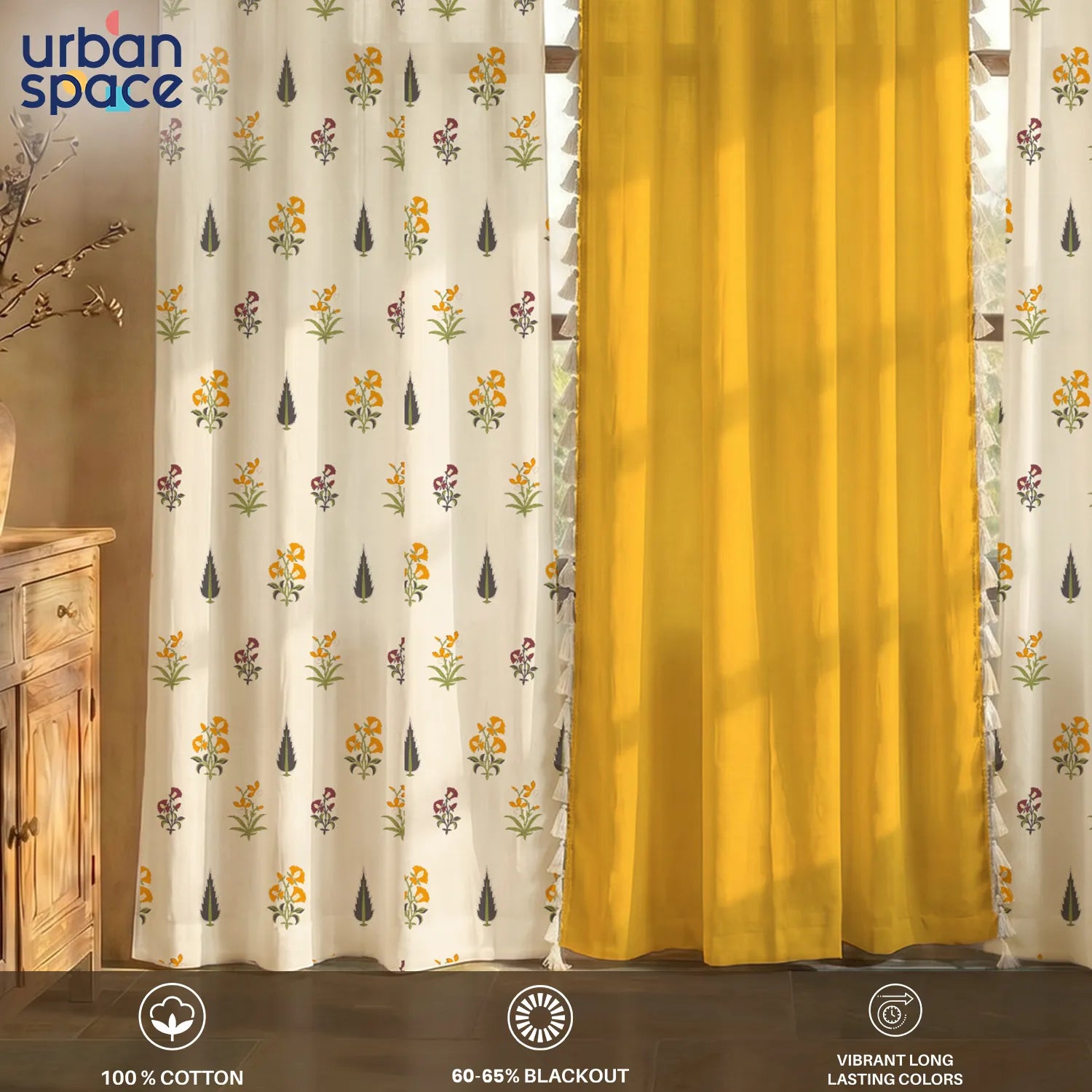 Cotton Curtains Combo, Set of 3 curtains, 60-65% Room Darkening Curtain - High Garden Yellow & Aura Yellow