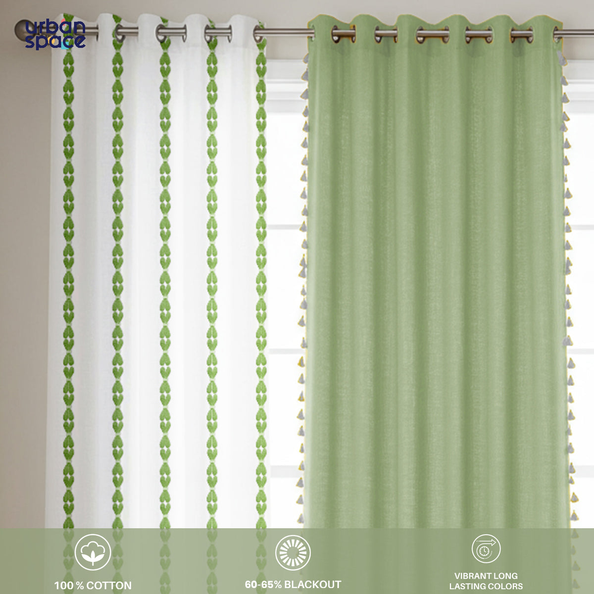 Set of three 7-feet curtains with two sheer white panels featuring vertical sage green leaf patterns and one solid sage.