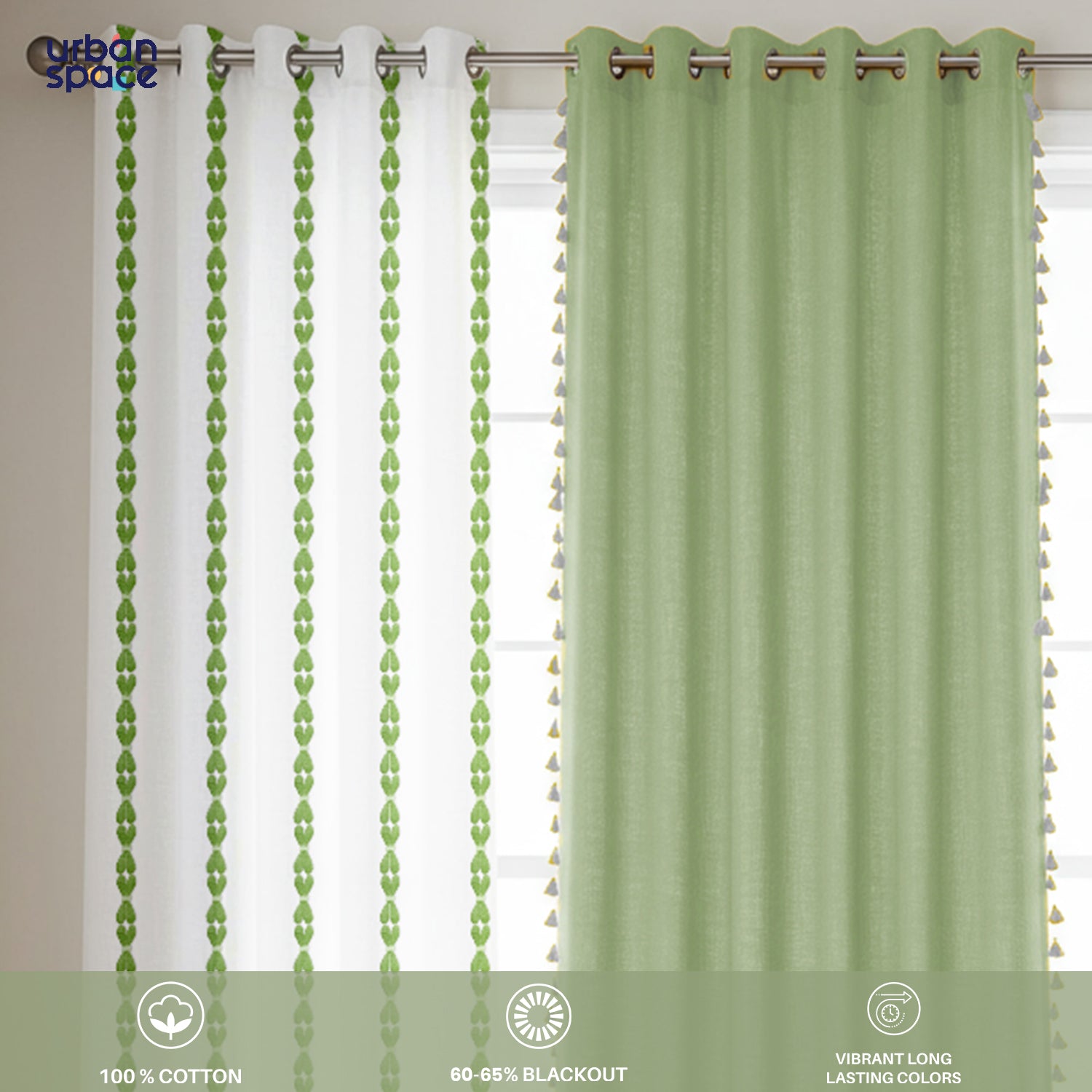 Cotton Curtains Combo, Set of 3 curtains, 60-65% Room Darkening Curtain - Aura Sage Green