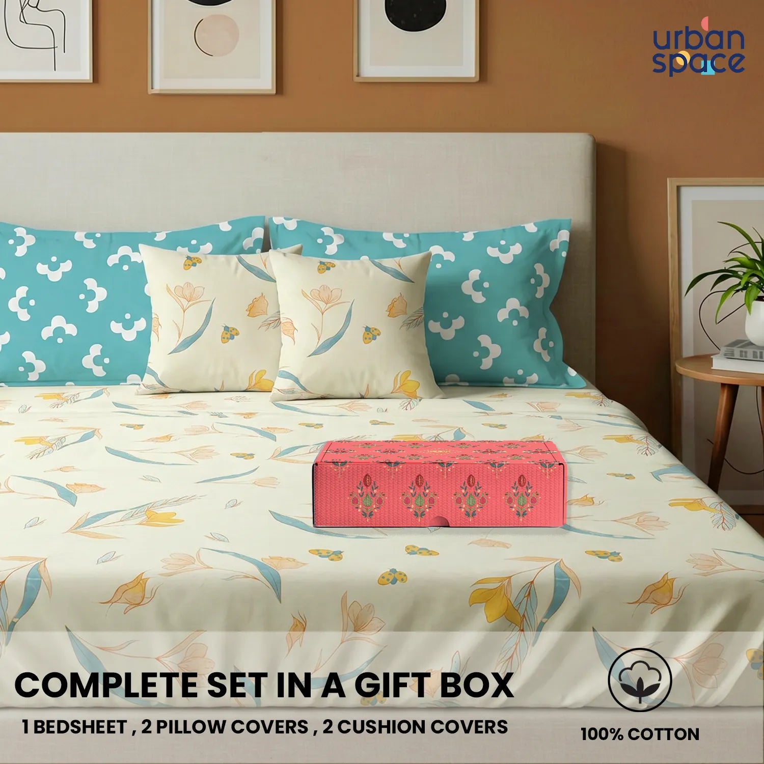 5 PC Cotton Bedsheet Set, Double/Queen Bedsheet in Giftbox- Sprinkle Buttercream