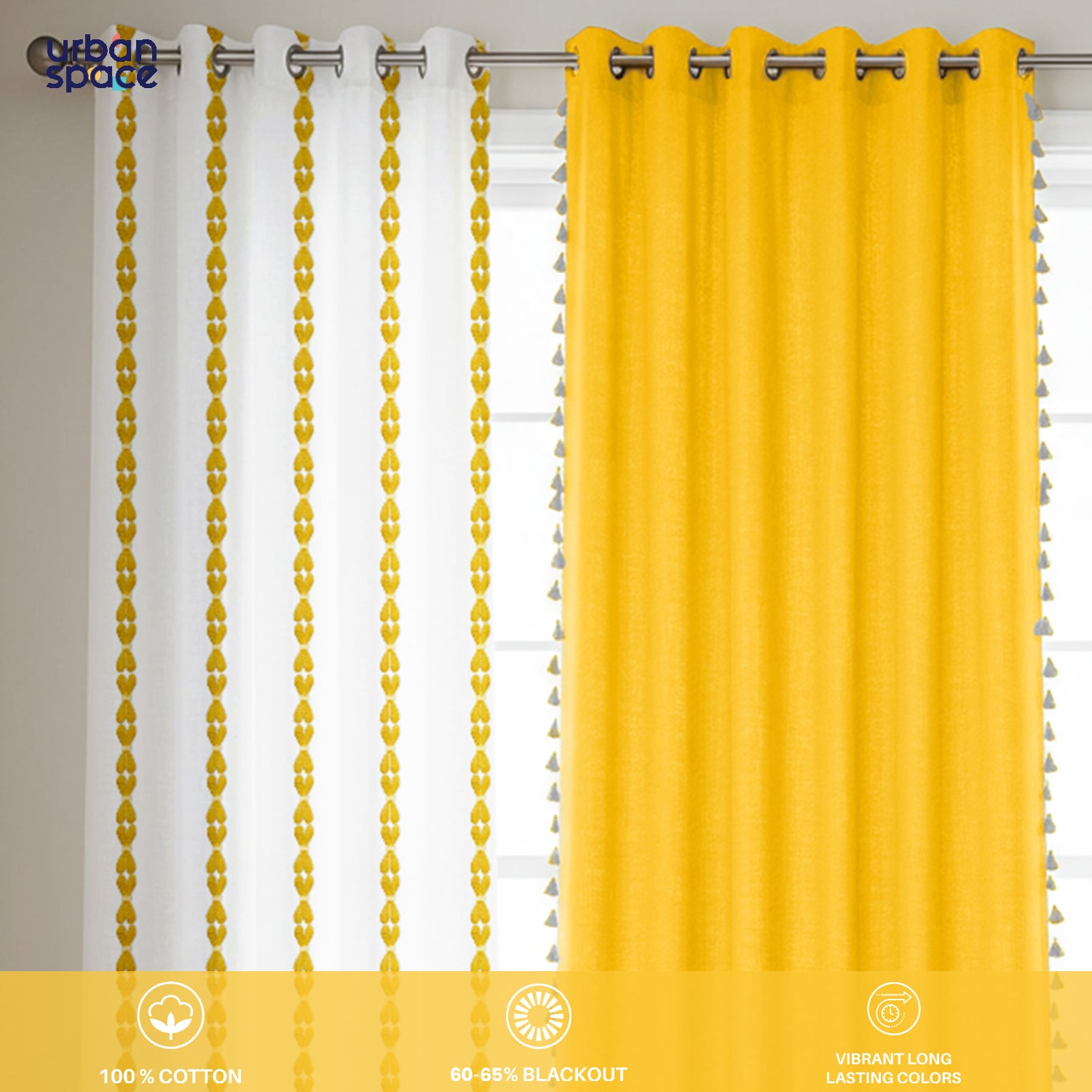 Cotton Curtains Combo, Set of 3 curtains, 60-65% Room Darkening Curtain - Aura Yellow