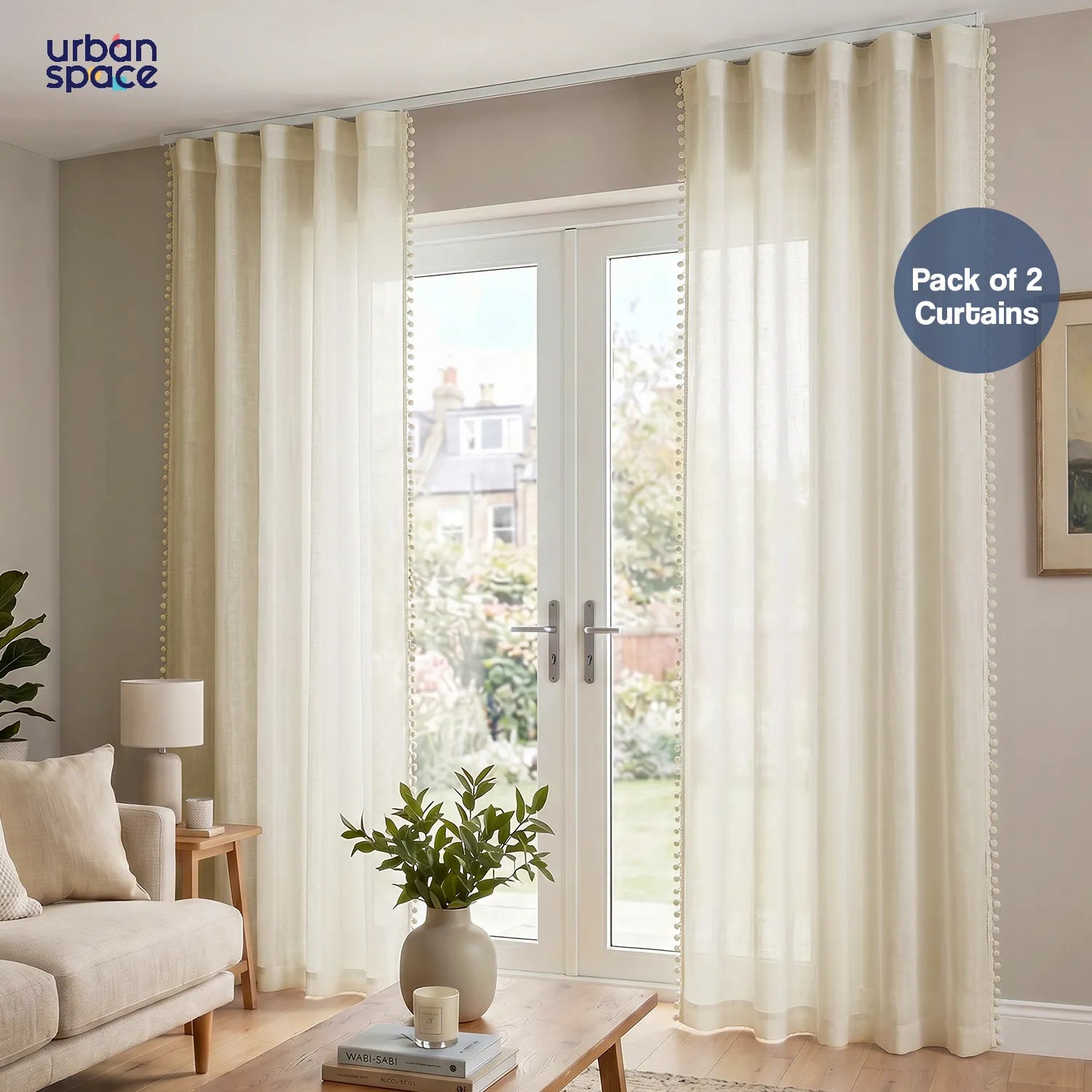 Sheer Curtain for Living Room with linen texture & Track Channel, Net Curtain for balcony, Pack of 2 Curtains -  Buttercream with pom pom
