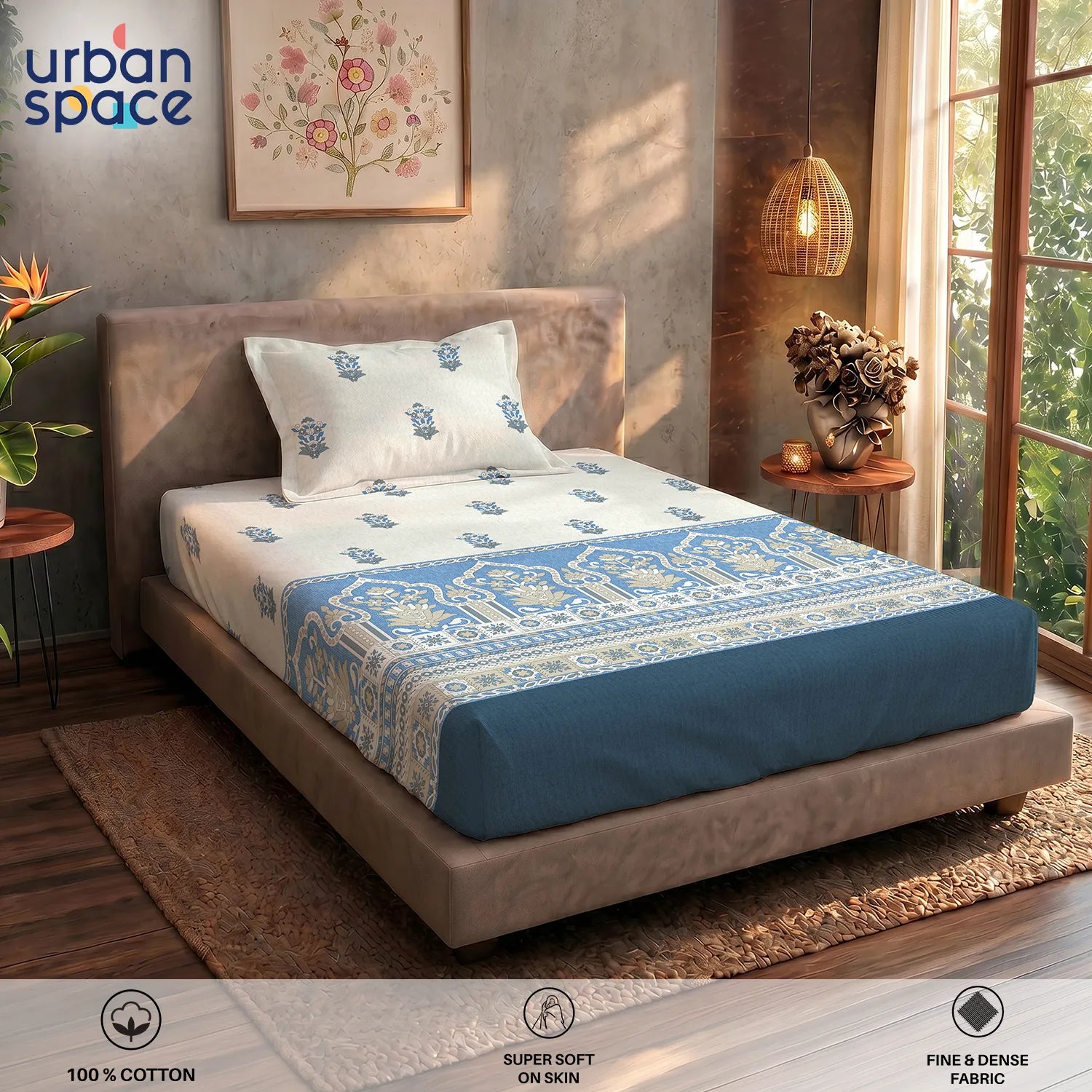 Serene 200 TC 100% Cotton Single Bedsheet with Pillow Covers - Palace Blue