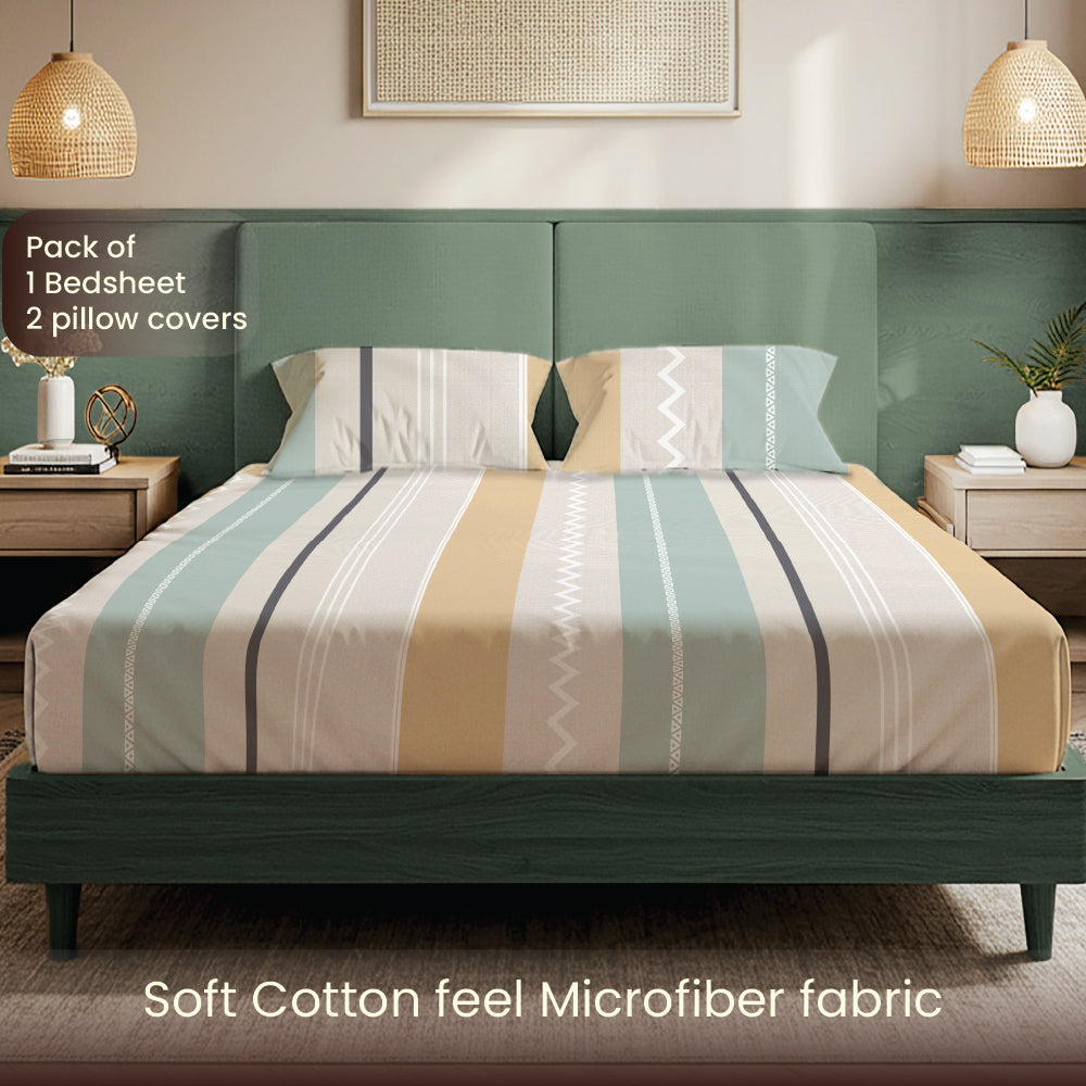 200 TC Glaced Cotton Microfiber Bedsheet with Pillow Covers - River Bands