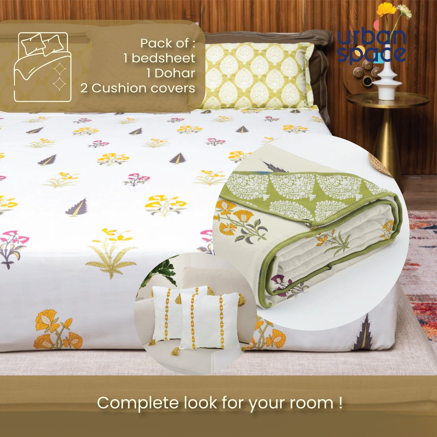 6 Pc Cotton Bedding Set in Gift Box, High Garden Yellow