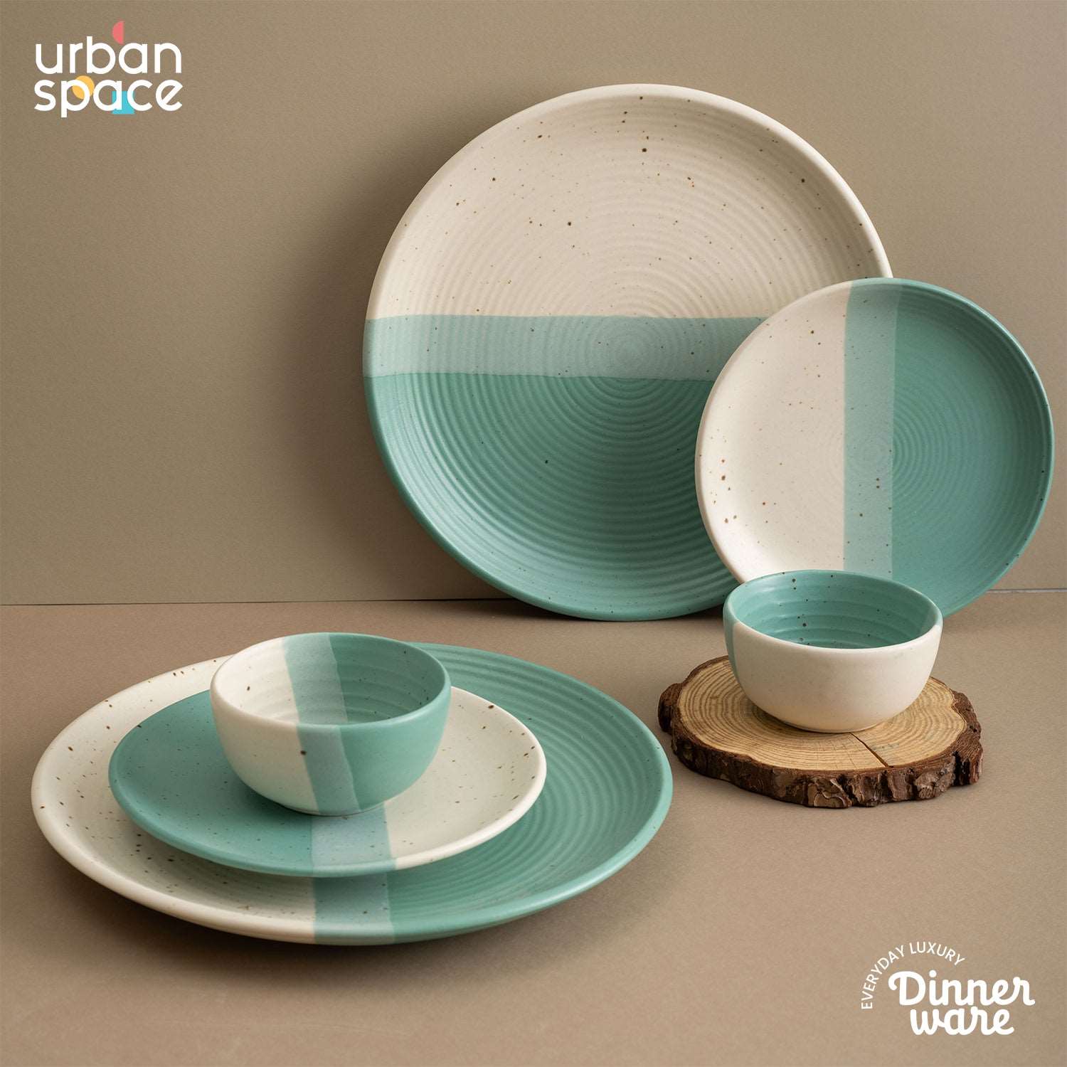 Handmade Ceramic Full dinner set for 2, 2 pieces each of dinner plate, quarter plate and katori bowls, Set of 6, Green Pearl