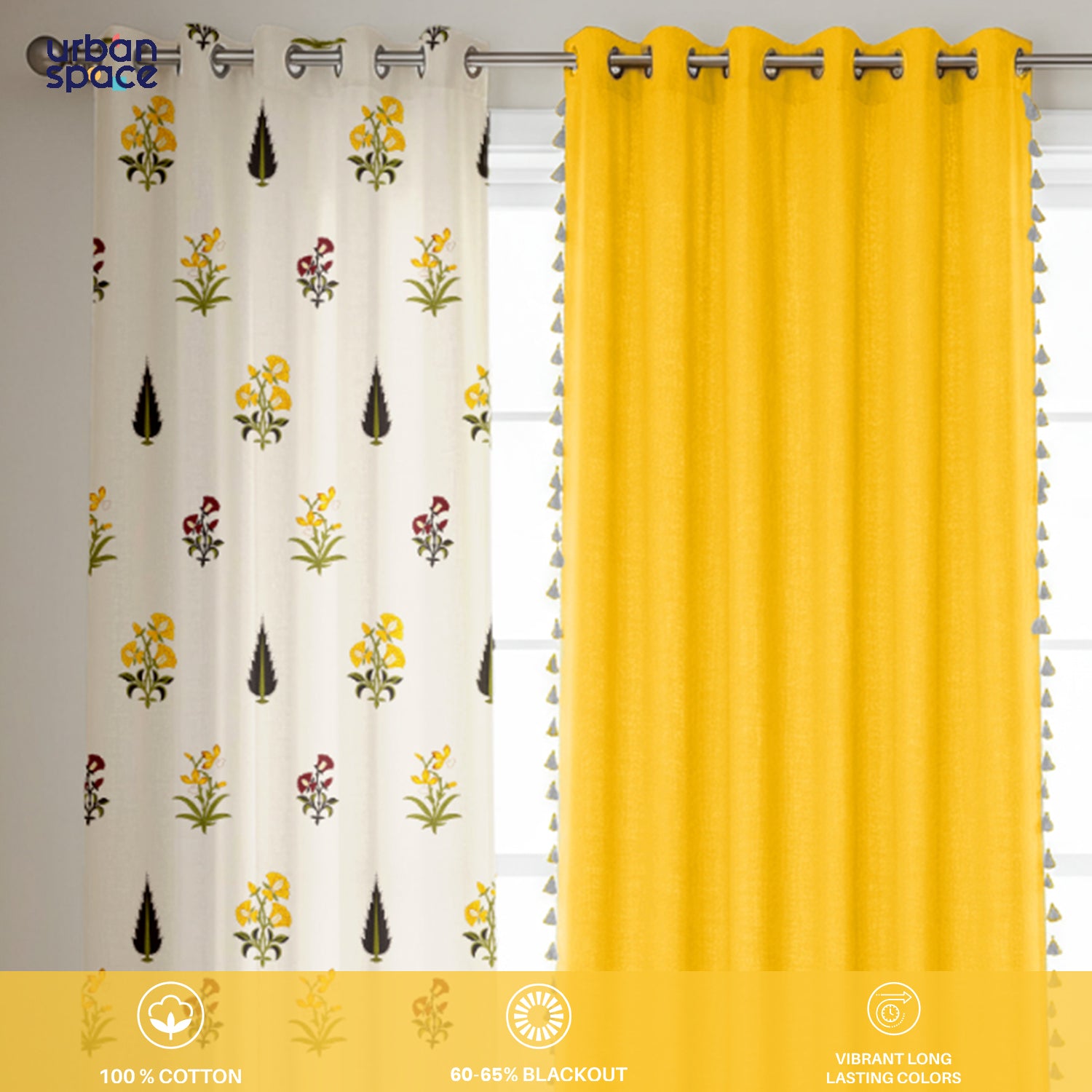 Cotton Curtains Combo, Set of 3 curtains, 60-65% Room Darkening Curtain - High Garden & Aura Yellow